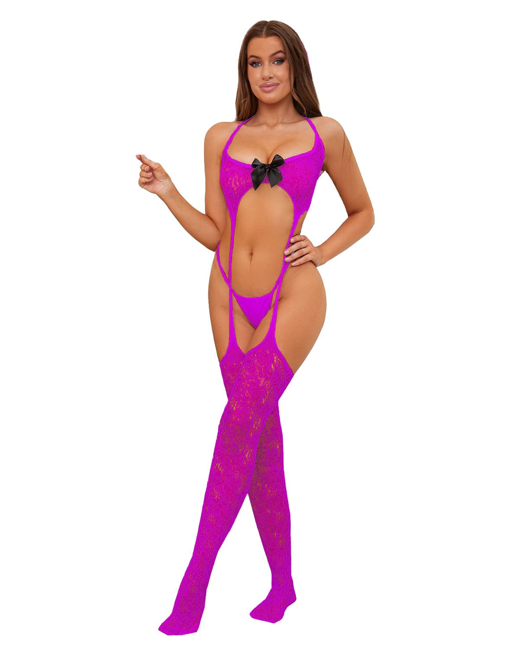 QOXNORC Women's Sexy Lingerie 3 Piece Lingerie Set with Garter Belt Stockings and Panty, Lace Crotchless Teddy Bodysuit