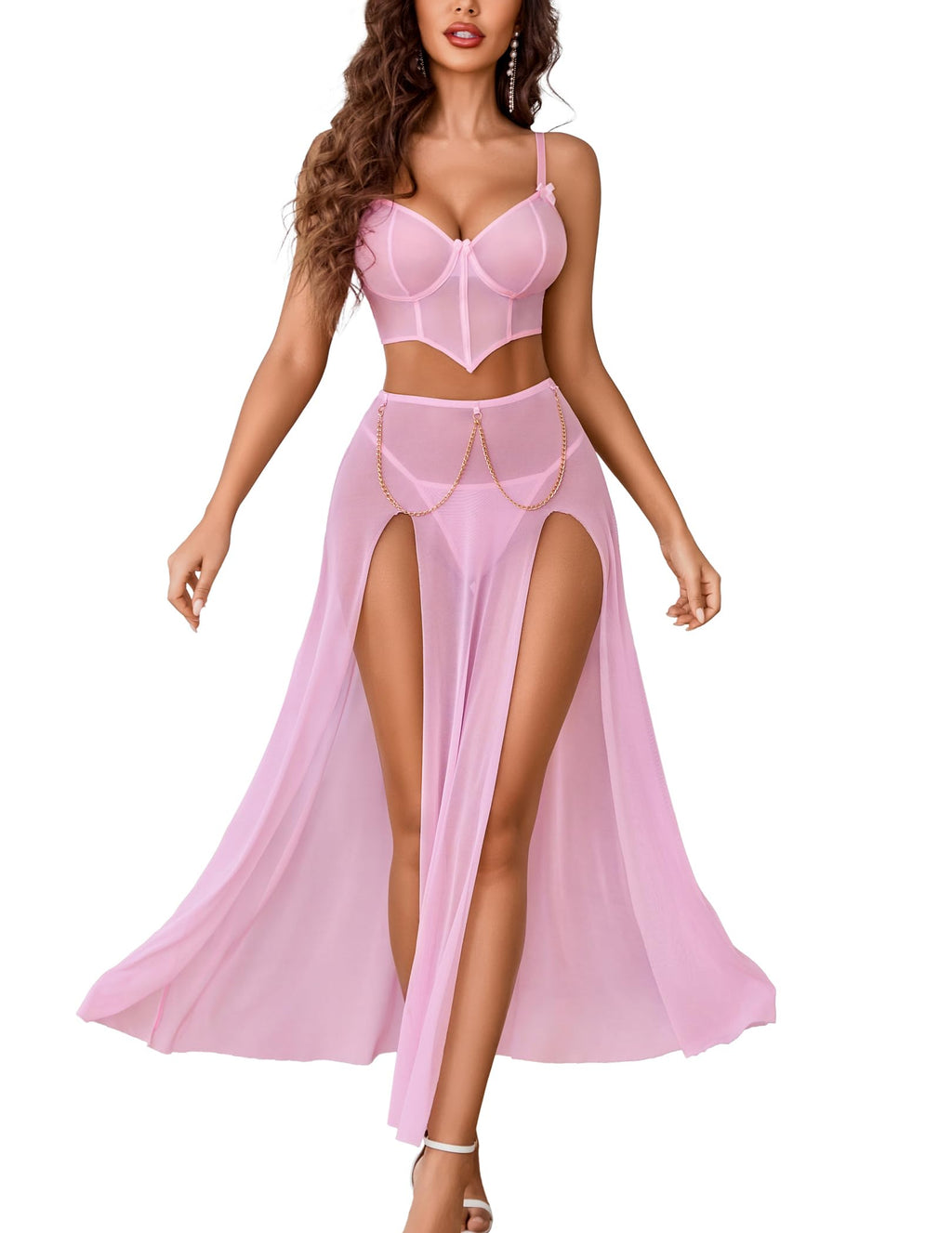 Avidlove Women Lingerie Babydoll Chemise 3 Piece Set Mesh Side Split Nightgown