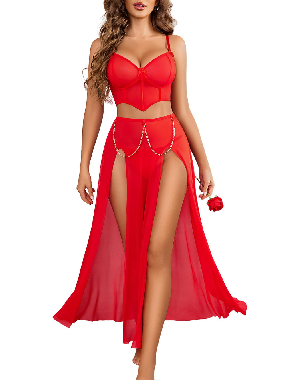 Avidlove Women Lingerie Babydoll Chemise 3 Piece Set Mesh Side Split Nightgown