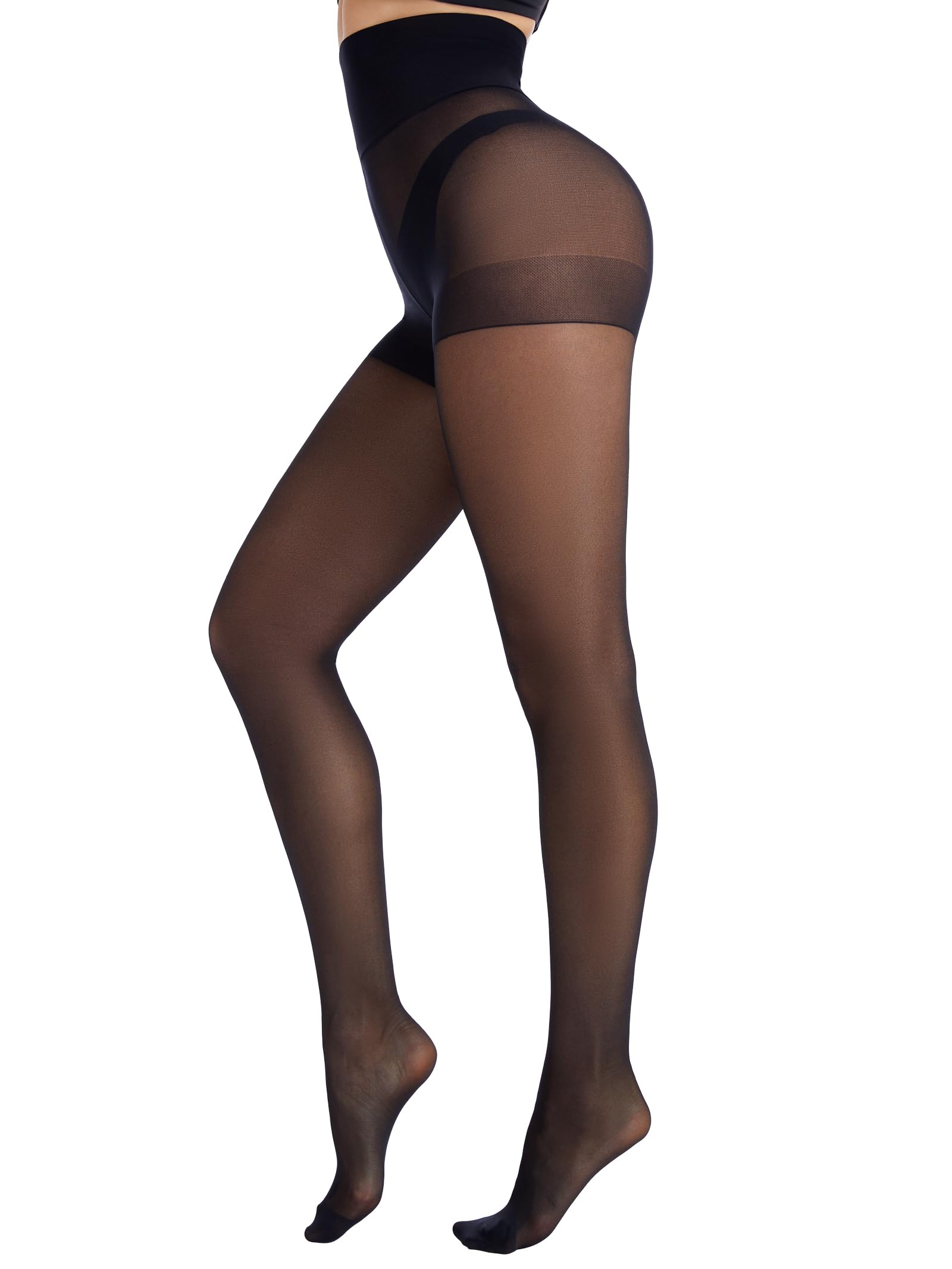 DORALLURE Women 20D Seamless High Waist Black Tights Sheer Control Top Pantyhose with Yoga Waistband Tummy Control Warm Belly