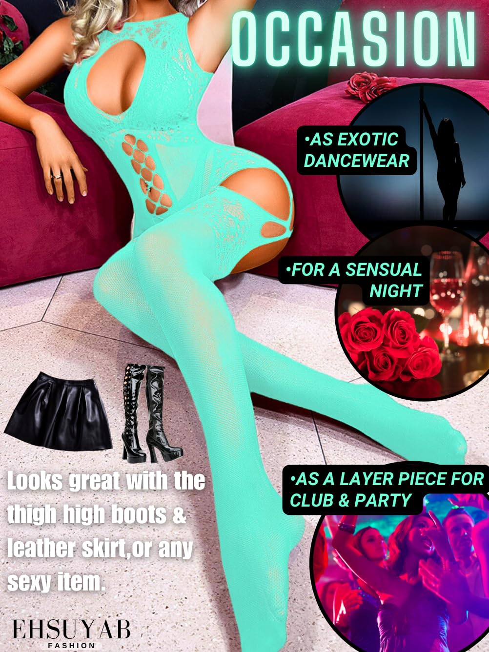 EHSUYAB Women Body Stockings Sexy, Exotic Dancer Fishnets Lingerie Glow Party, Fishnet Bodysuit Rave Outfits Club Plus Size