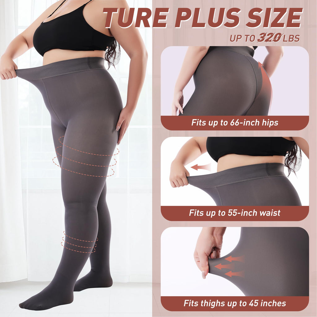 Plus Size Fleece Lined Tights Women, Fake Translucent Winter Thermal Pantyhose, High Waist Warm Thermal Leggings.