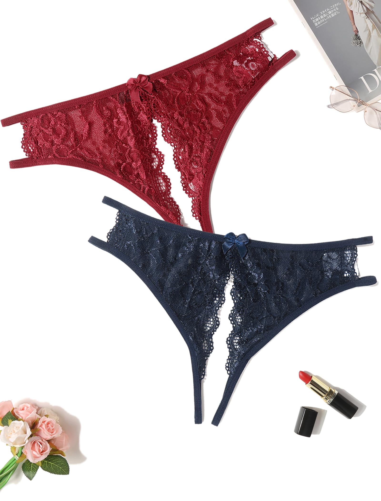 Avidlove Women Lace Panties Sexy Thong Underwear Floral Lace Briefs with Cute Bow Center