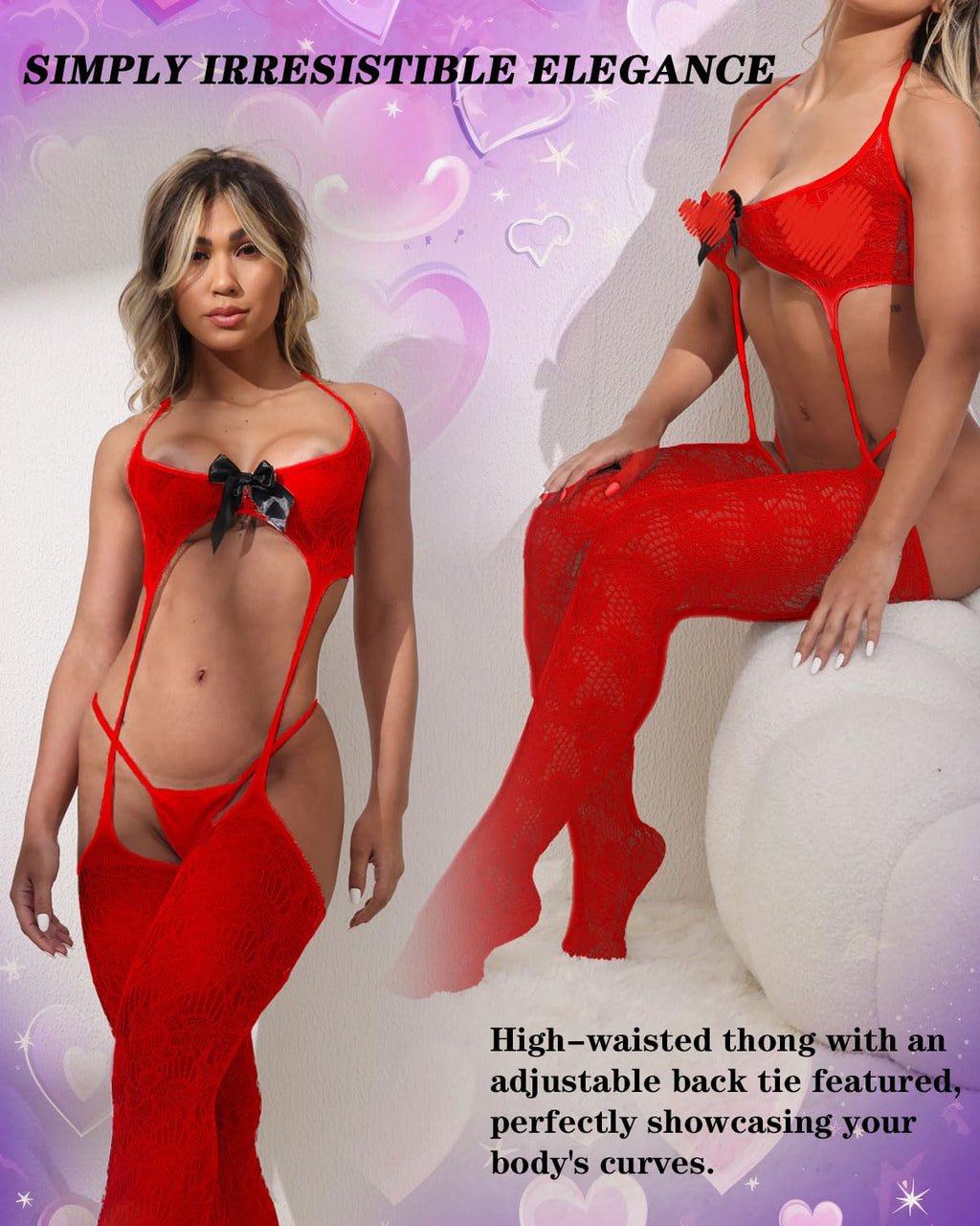 QOXNORC Women's Sexy Lingerie 3 Piece Lingerie Set with Garter Belt Stockings and Panty, Lace Crotchless Teddy Bodysuit