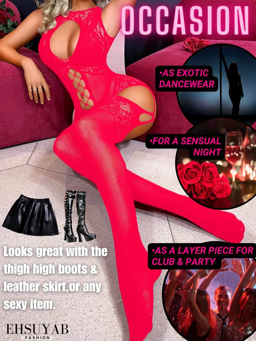 EHSUYAB Women Body Stockings Sexy, Exotic Dancer Fishnets Lingerie Glow Party, Fishnet Bodysuit Rave Outfits Club Plus Size