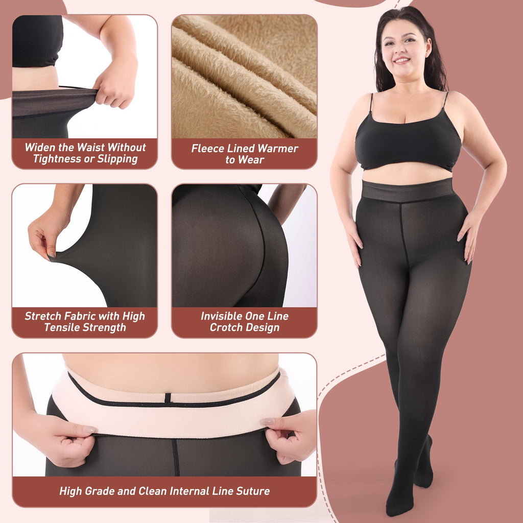 Plus Size Fleece Lined Tights Women, Fake Translucent Winter Thermal Pantyhose, High Waist Warm Thermal Leggings.