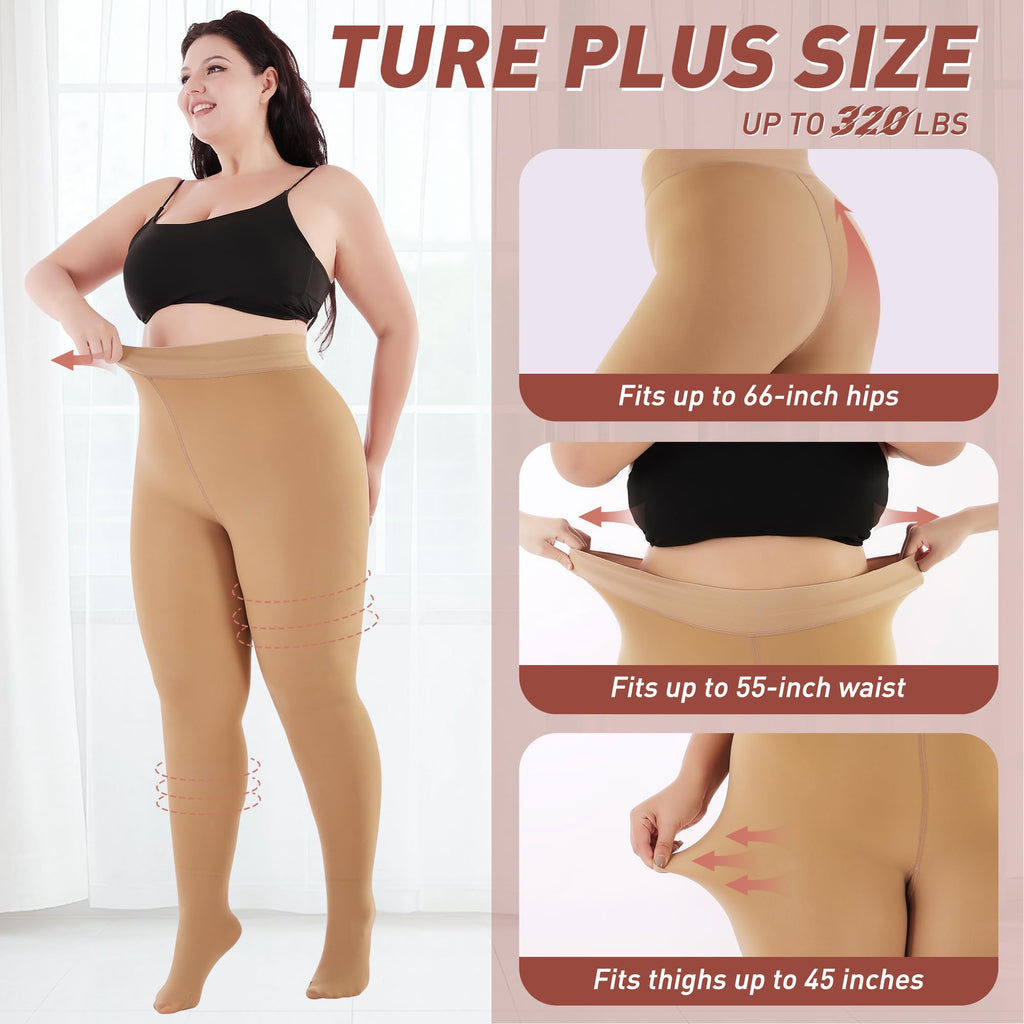 Plus Size Fleece Lined Tights Women, Fake Translucent Winter Thermal Pantyhose, High Waist Warm Thermal Leggings.