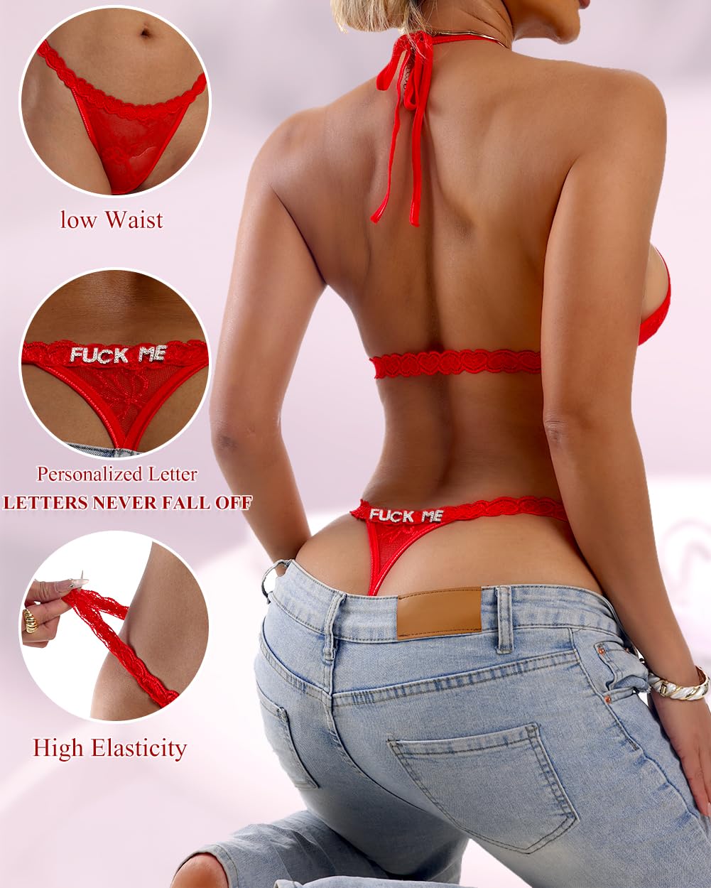 Sexy Underwear for Women Lace Panties Sexy Thong with Funny Rhinestone Letters for Couple Gifts