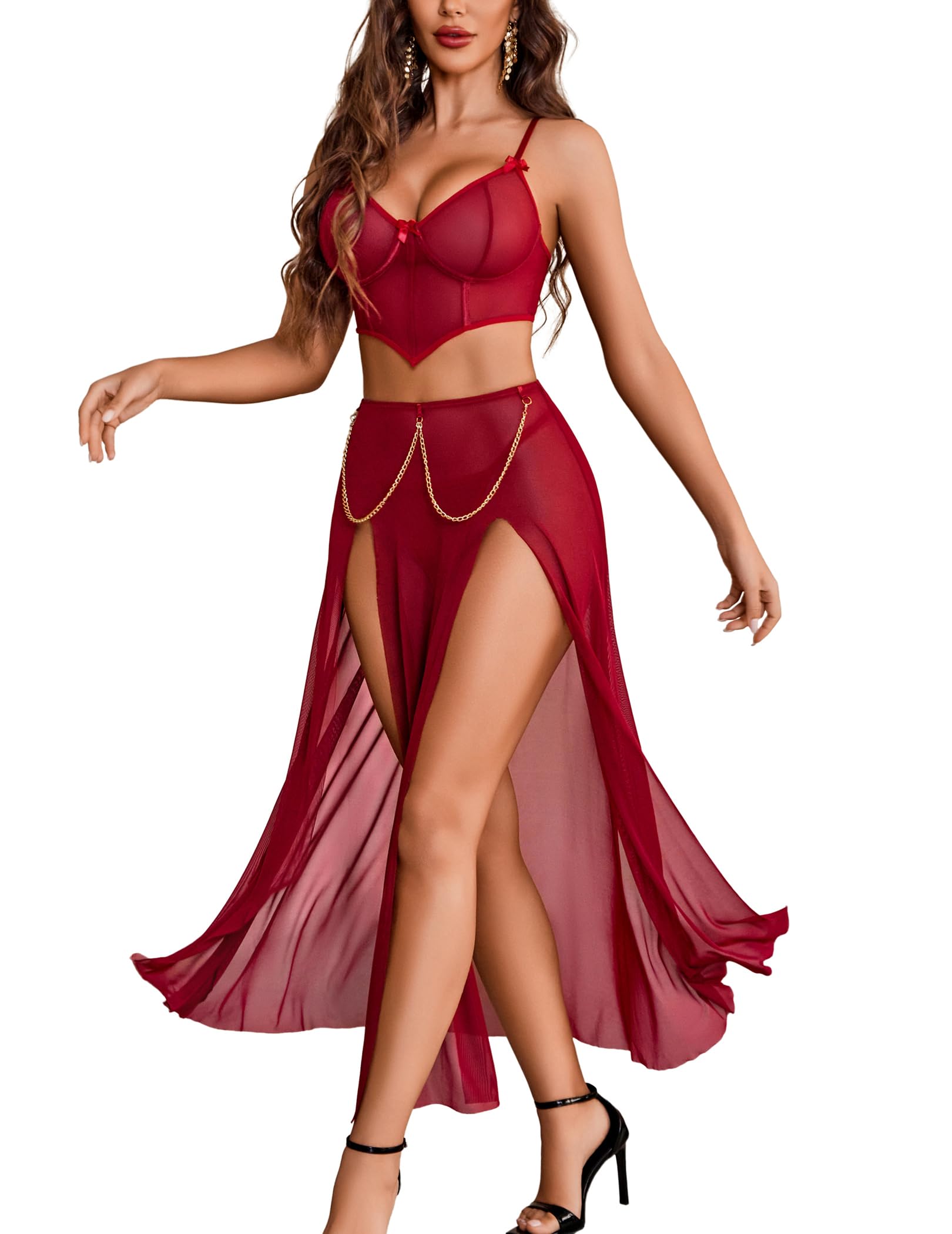 Avidlove Women Lingerie Babydoll Chemise 3 Piece Set Mesh Side Split Nightgown