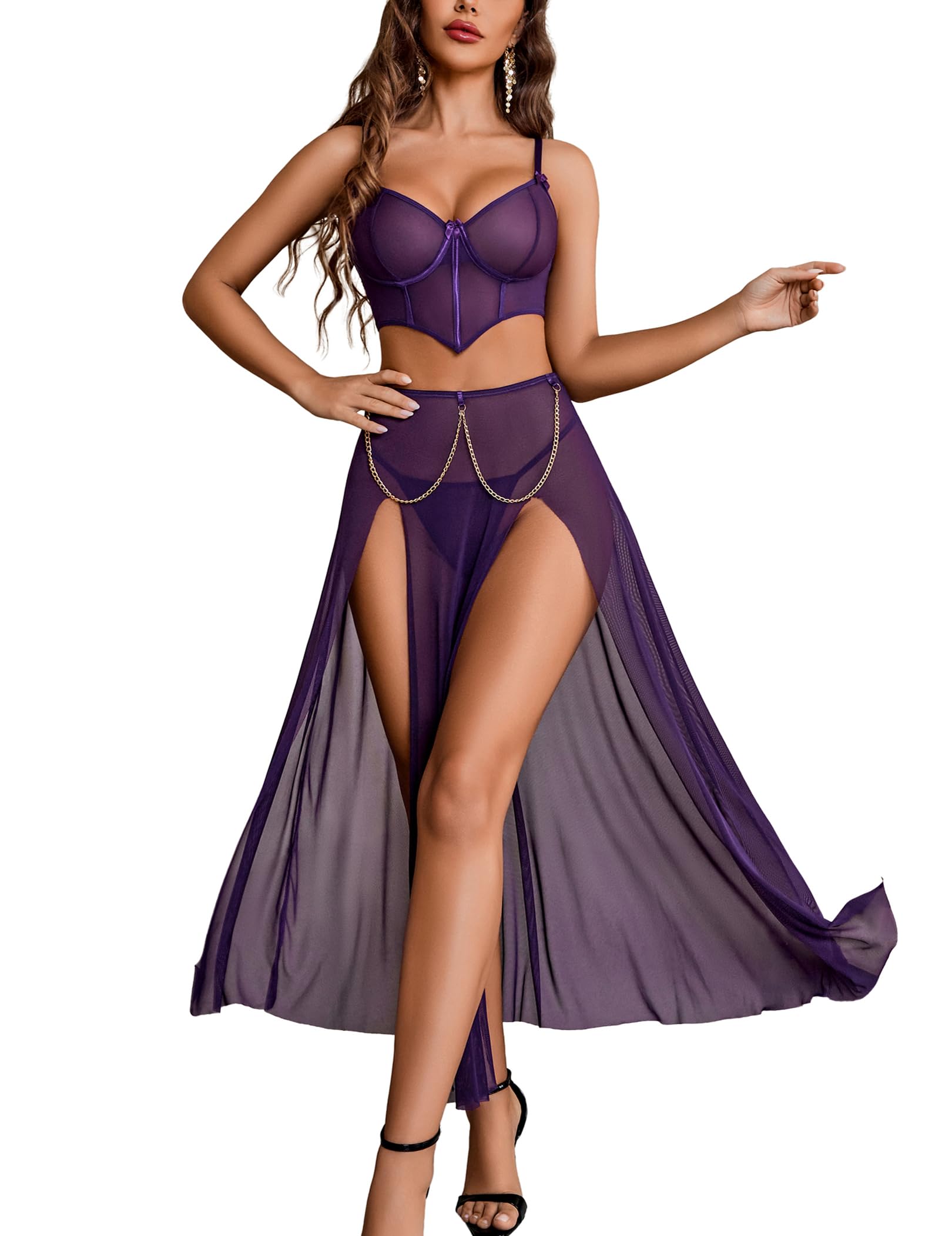 Avidlove Women Lingerie Babydoll Chemise 3 Piece Set Mesh Side Split Nightgown