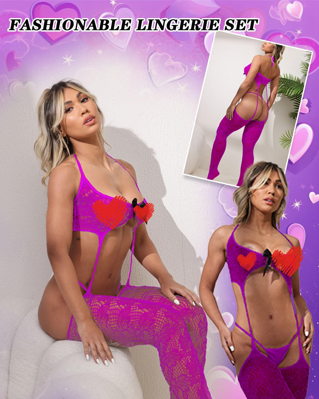 QOXNORC Women's Sexy Lingerie 3 Piece Lingerie Set with Garter Belt Stockings and Panty, Lace Crotchless Teddy Bodysuit