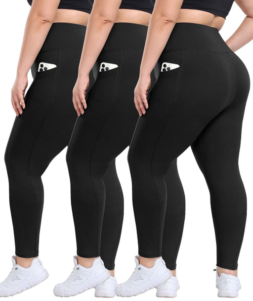 3 Pack Plus Size Leggings with Pockets for Women - High Waisted Tummy Control Spandex Soft Black Workout Yoga Pants