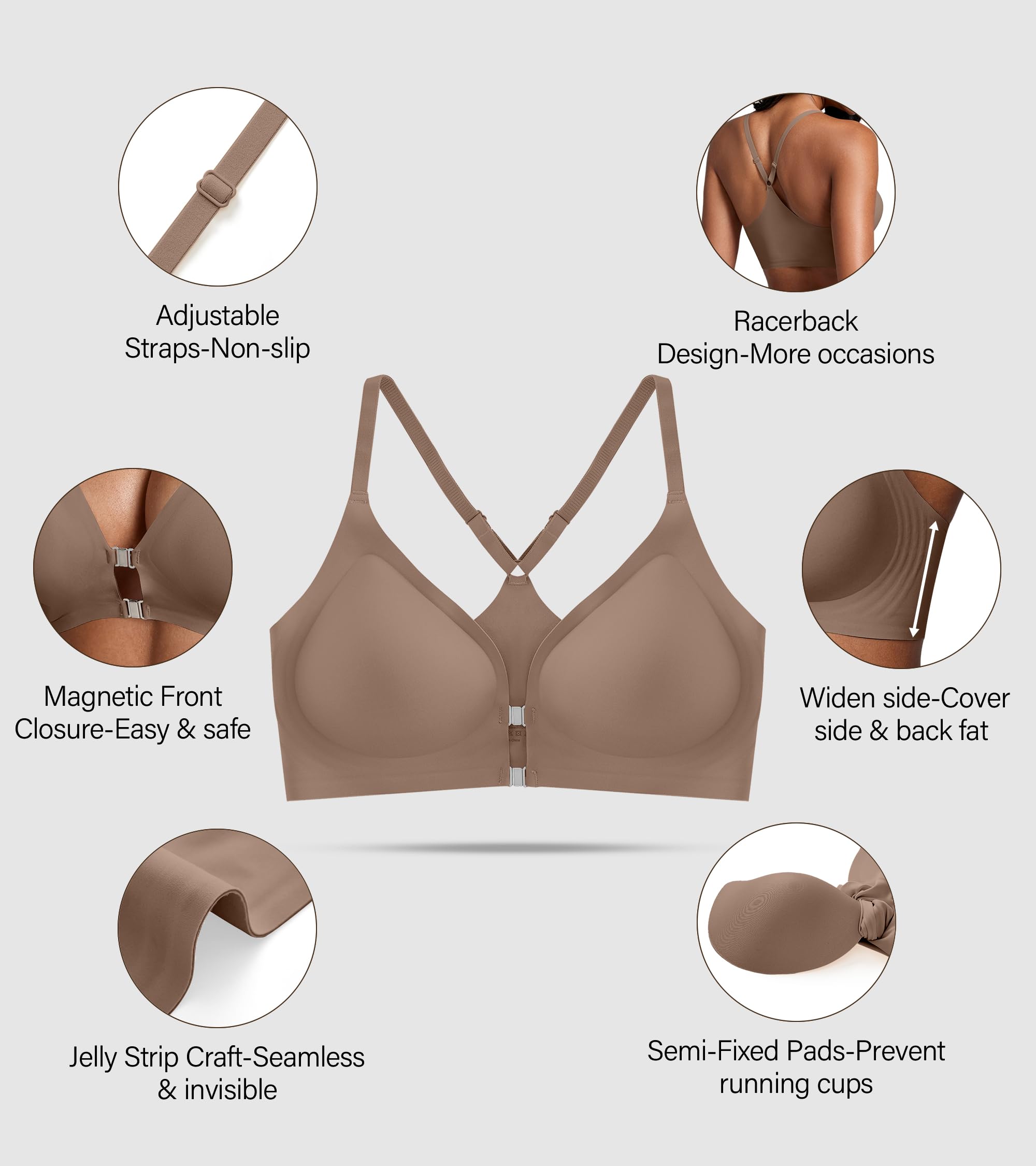 DEANGELMON Front Closure Bras for Women Racerback Bra No Underwire Seamless Push Up T-Shirts Bras Supportive Womens Bralettes