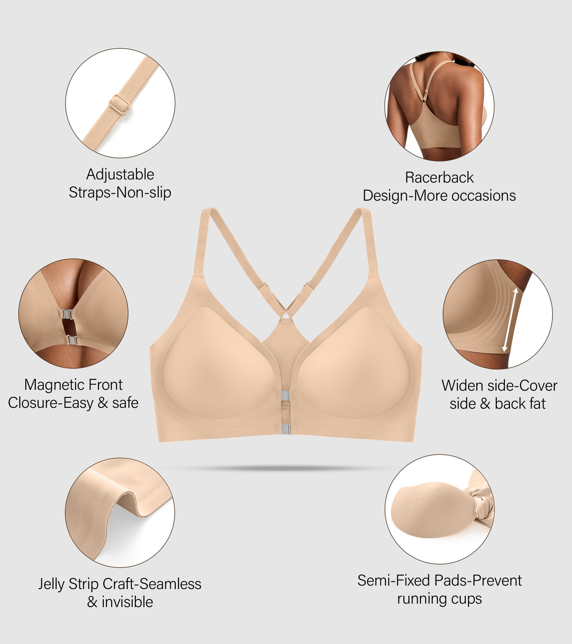 DEANGELMON Front Closure Bras for Women Racerback Bra No Underwire Seamless Push Up T-Shirts Bras Supportive Womens Bralettes
