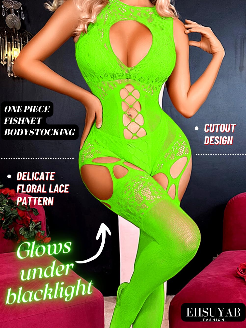 EHSUYAB Women Body Stockings Sexy, Exotic Dancer Fishnets Lingerie Glow Party, Fishnet Bodysuit Rave Outfits Club Plus Size