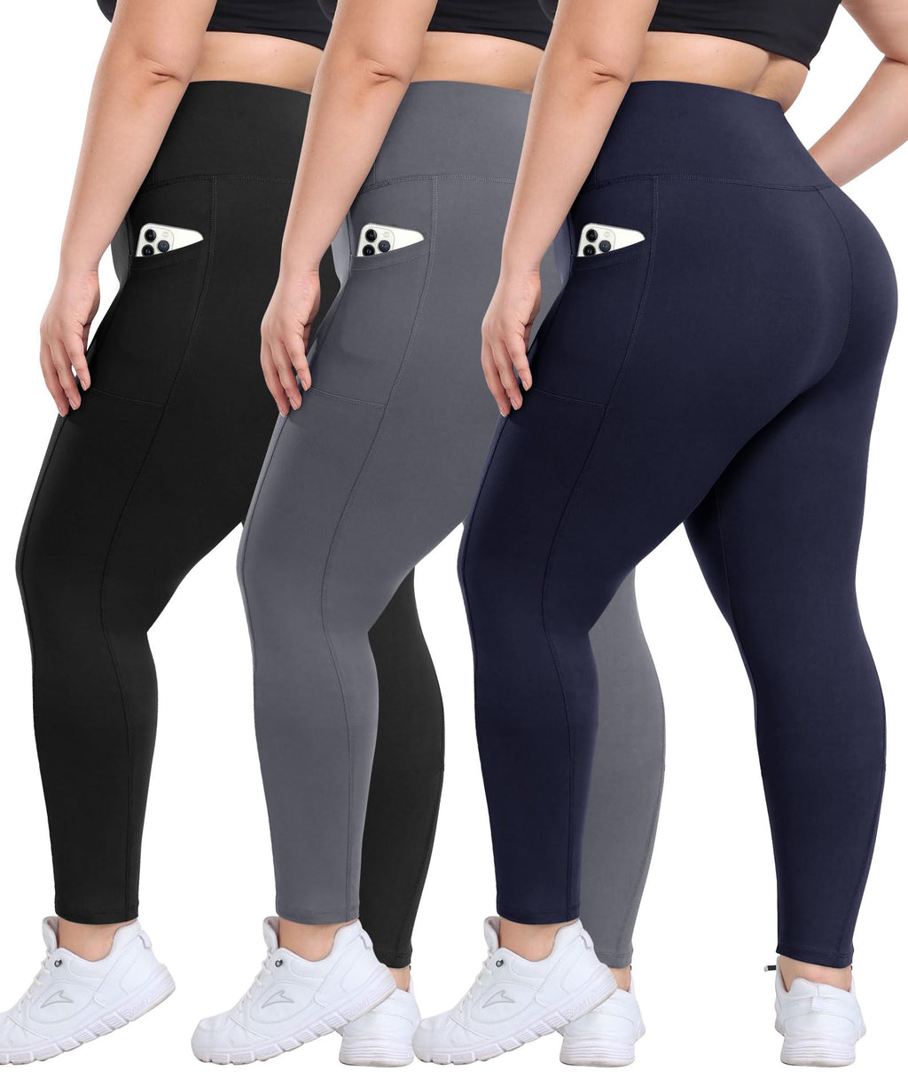 3 Pack Plus Size Leggings with Pockets for Women - High Waisted Tummy Control Spandex Soft Black Workout Yoga Pants