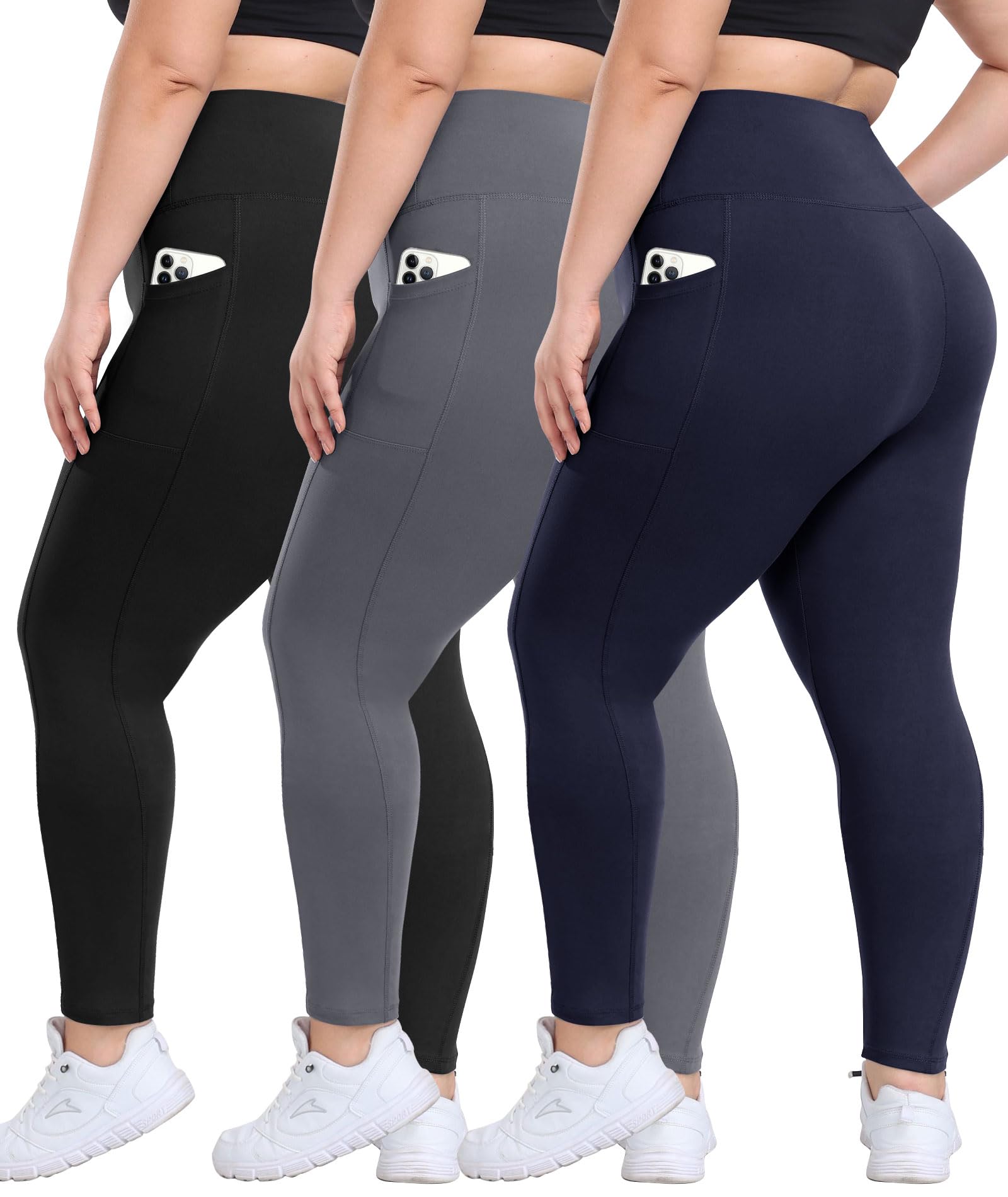 3 Pack Plus Size Leggings with Pockets for Women - High Waisted Tummy Control Spandex Soft Black Workout Yoga Pants