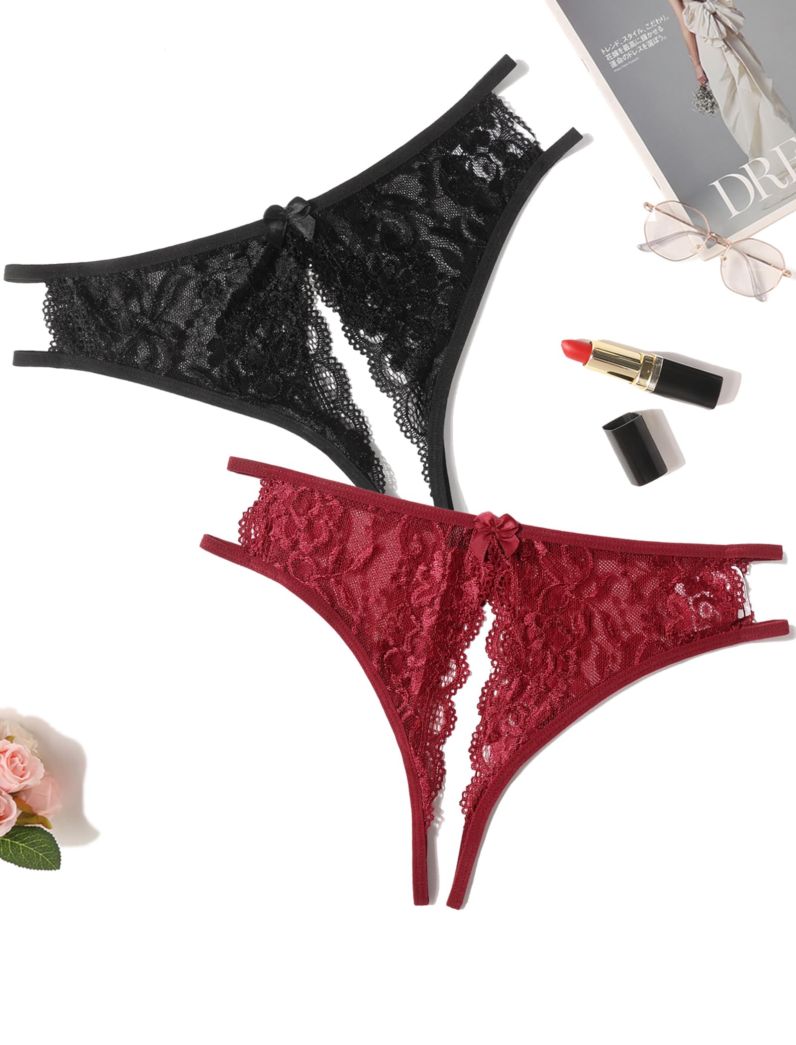 Avidlove Women Lace Panties Sexy Thong Underwear Floral Lace Briefs with Cute Bow Center