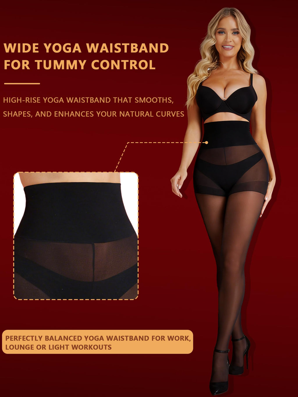 DORALLURE Women 20D Seamless High Waist Black Tights Sheer Control Top Pantyhose with Yoga Waistband Tummy Control Warm Belly