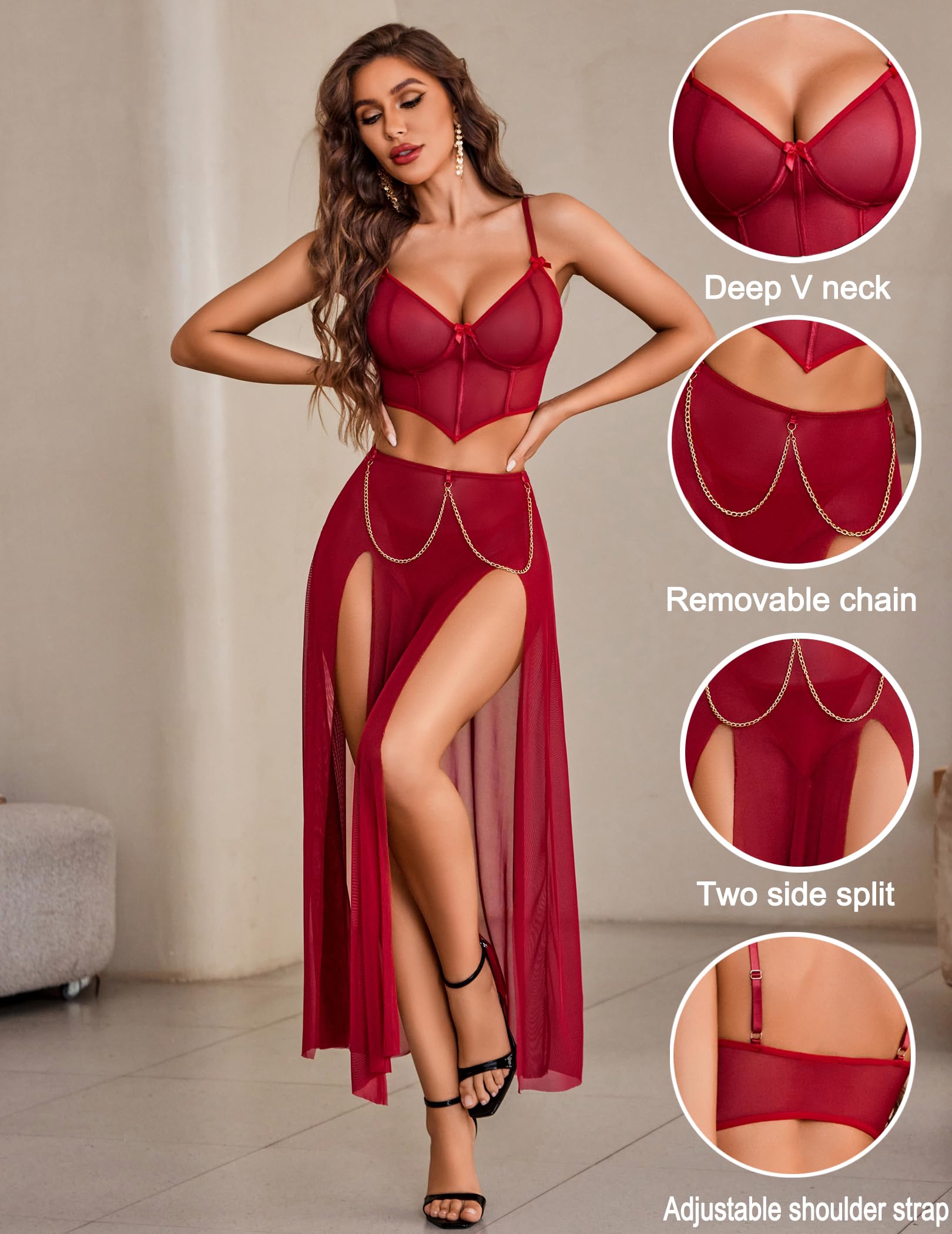 Avidlove Women Lingerie Babydoll Chemise 3 Piece Set Mesh Side Split Nightgown