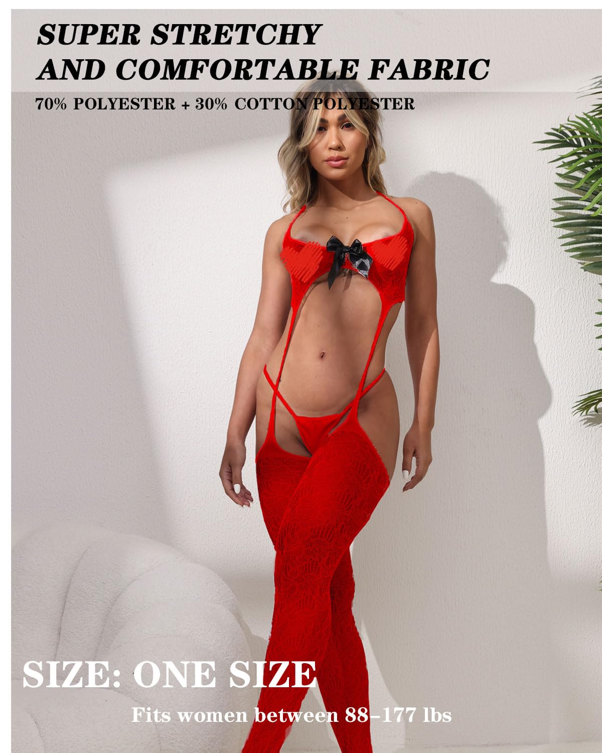 QOXNORC Women's Sexy Lingerie 3 Piece Lingerie Set with Garter Belt Stockings and Panty, Lace Crotchless Teddy Bodysuit