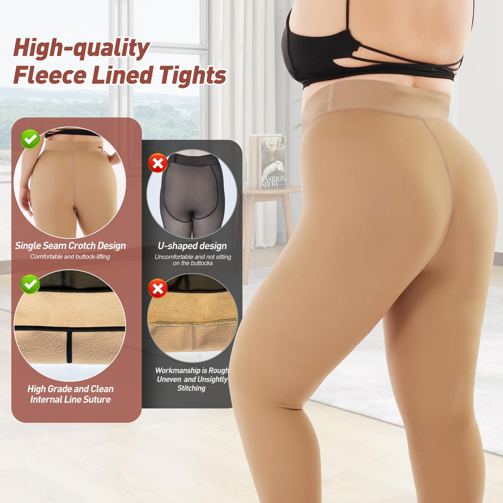 Plus Size Fleece Lined Tights Women, Fake Translucent Winter Thermal Pantyhose, High Waist Warm Thermal Leggings.