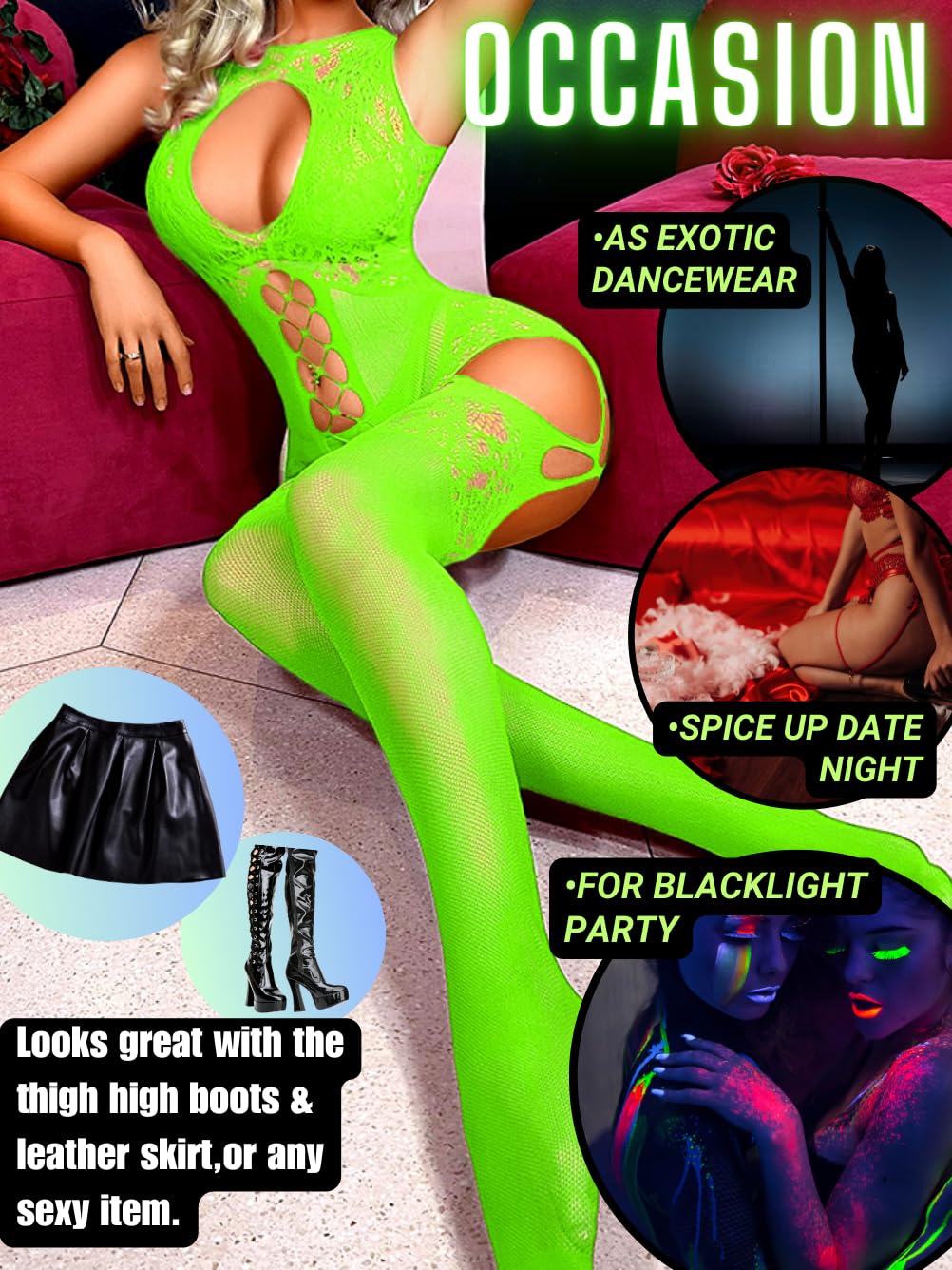 EHSUYAB Women Body Stockings Sexy, Exotic Dancer Fishnets Lingerie Glow Party, Fishnet Bodysuit Rave Outfits Club Plus Size