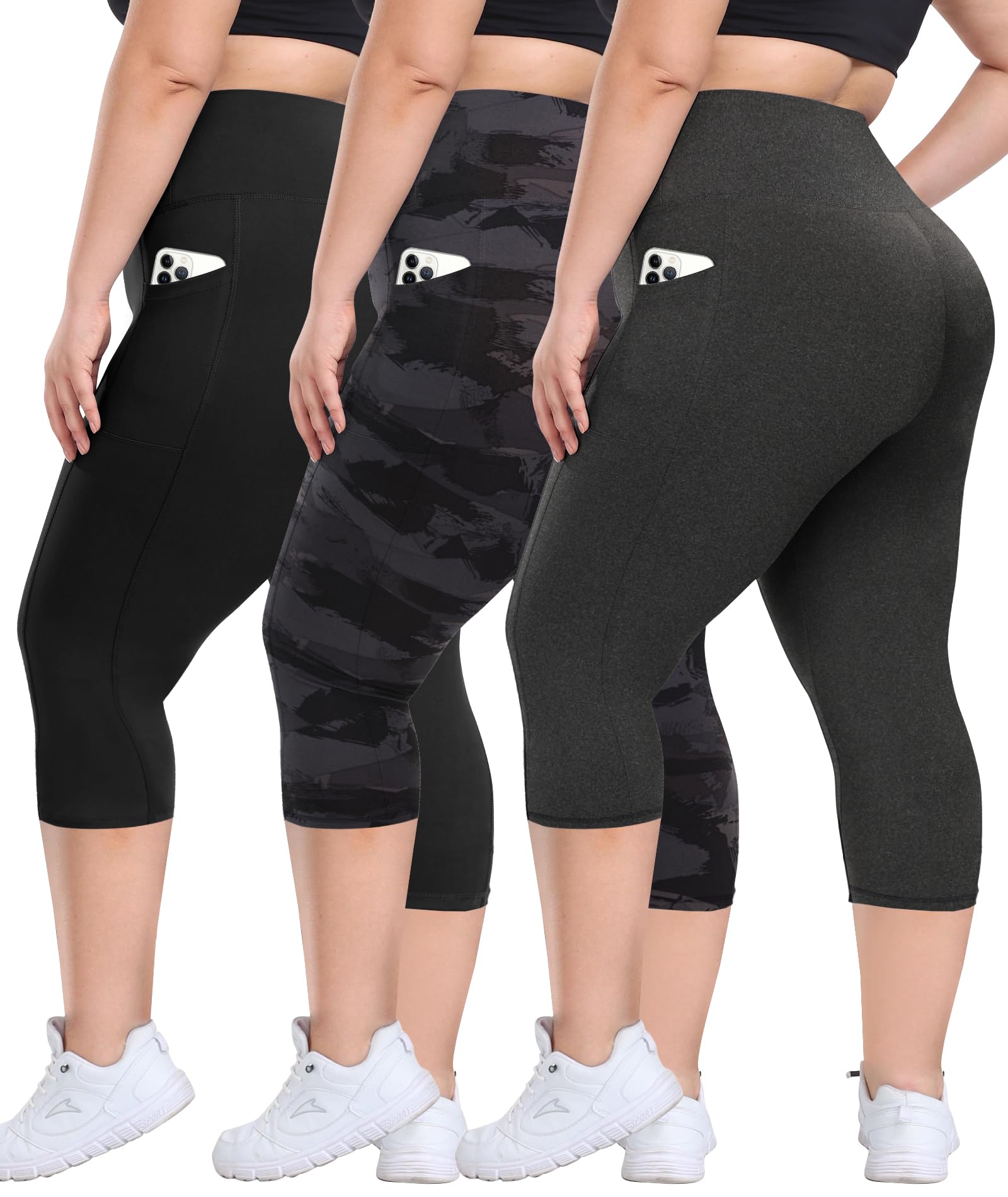 3 Pack Plus Size Leggings with Pockets for Women - High Waisted Tummy Control Spandex Soft Black Workout Yoga Pants