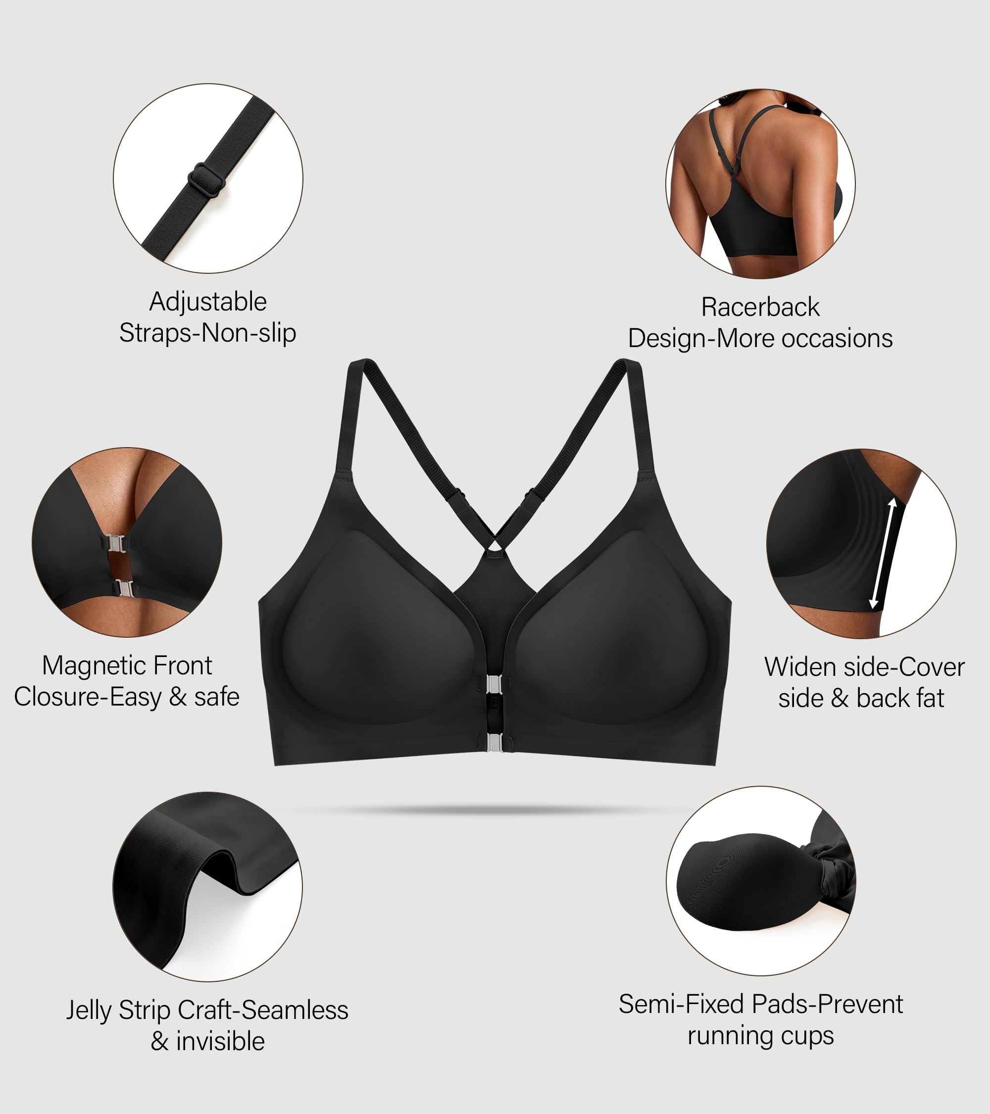 DEANGELMON Front Closure Bras for Women Racerback Bra No Underwire Seamless Push Up T-Shirts Bras Supportive Womens Bralettes