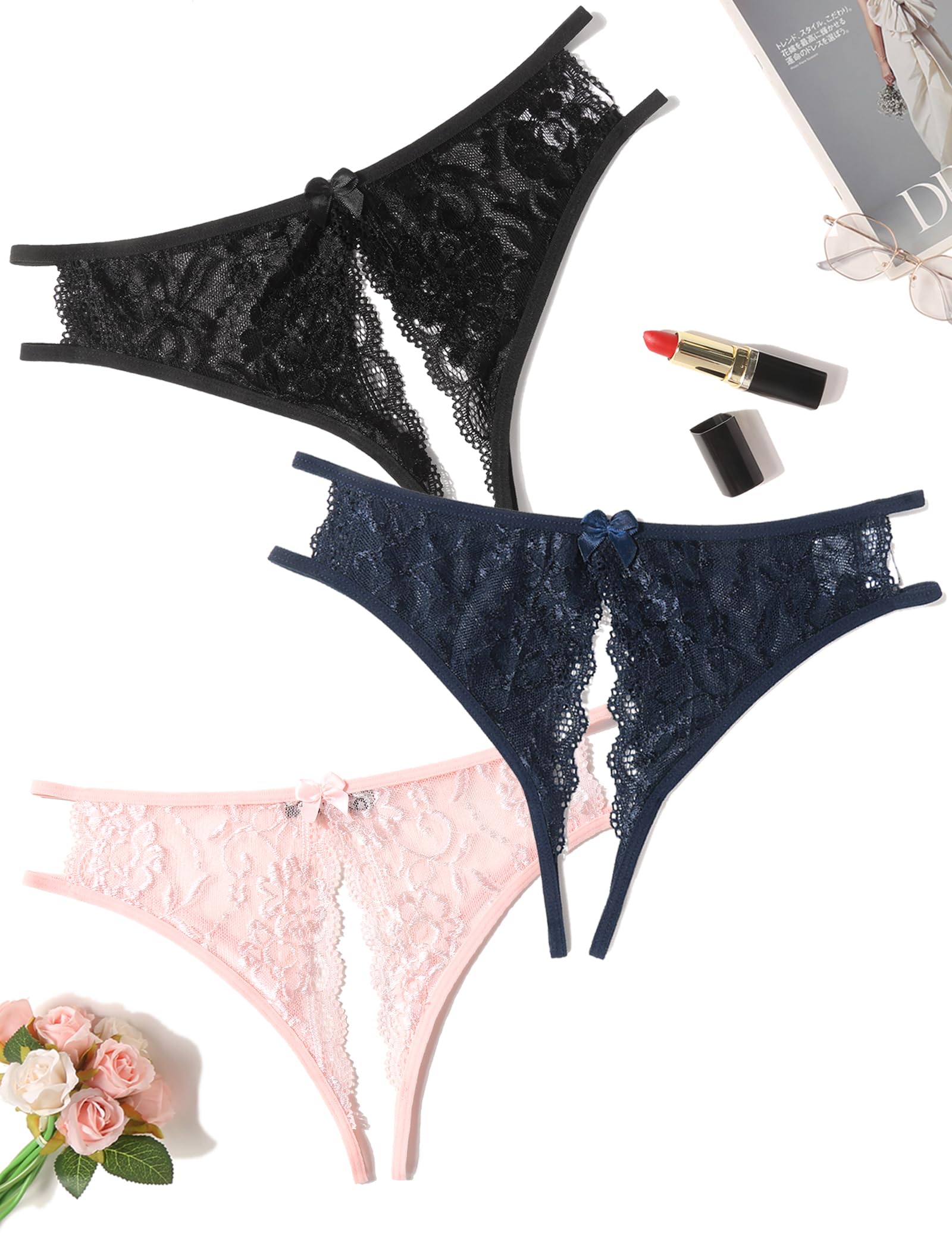 Avidlove Women Lace Panties Sexy Thong Underwear Floral Lace Briefs with Cute Bow Center