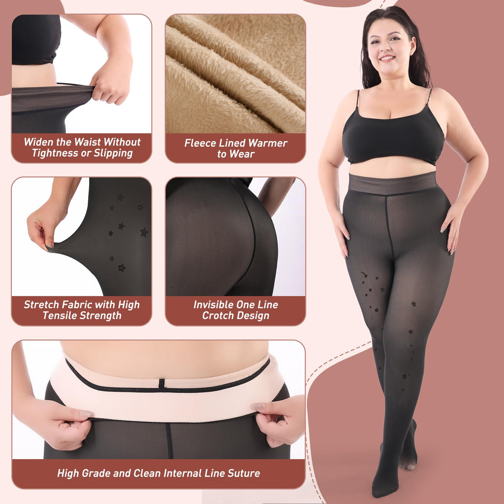 Plus Size Fleece Lined Tights Women, Fake Translucent Winter Thermal Pantyhose, High Waist Warm Thermal Leggings.