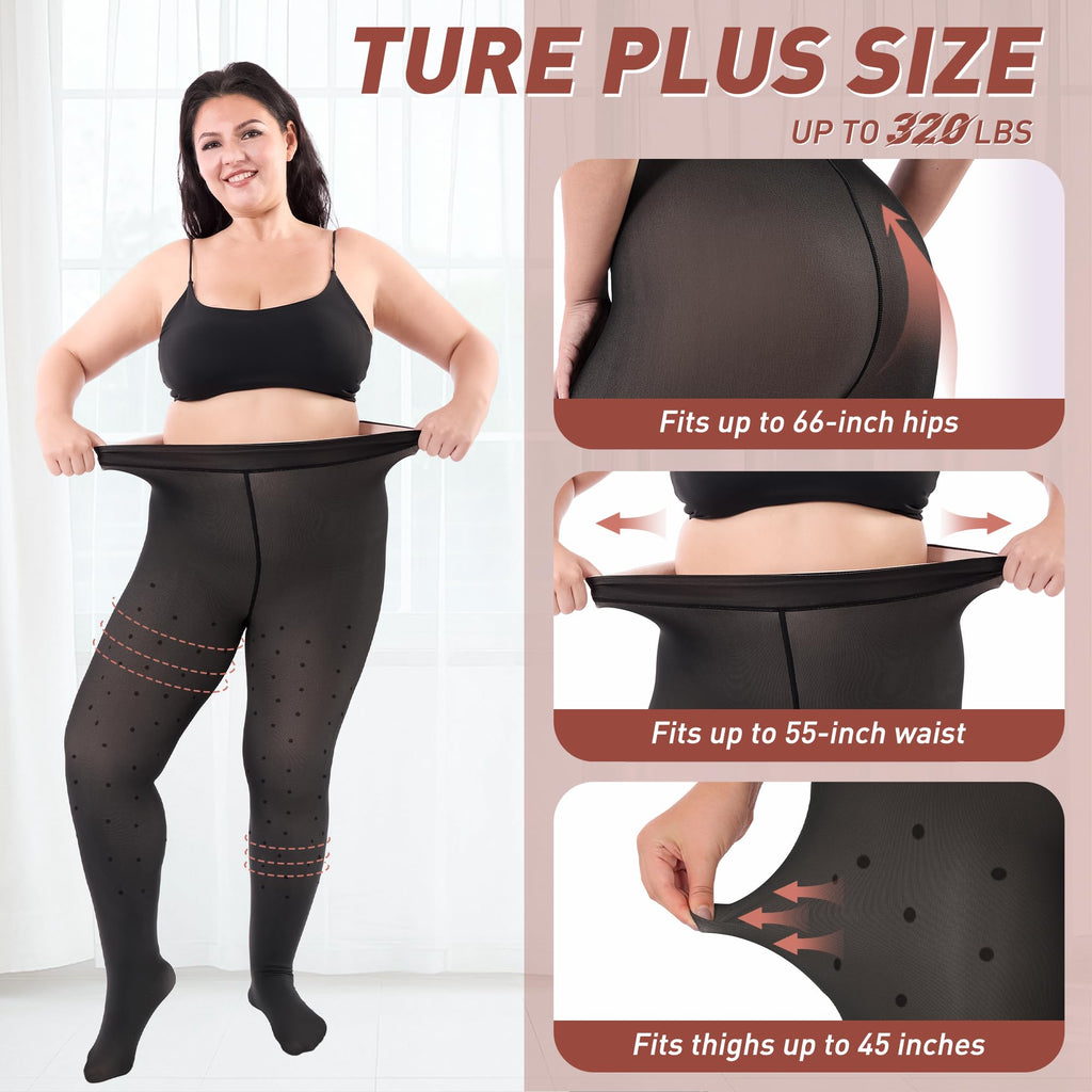 Plus Size Fleece Lined Tights Women, Fake Translucent Winter Thermal Pantyhose, High Waist Warm Thermal Leggings.