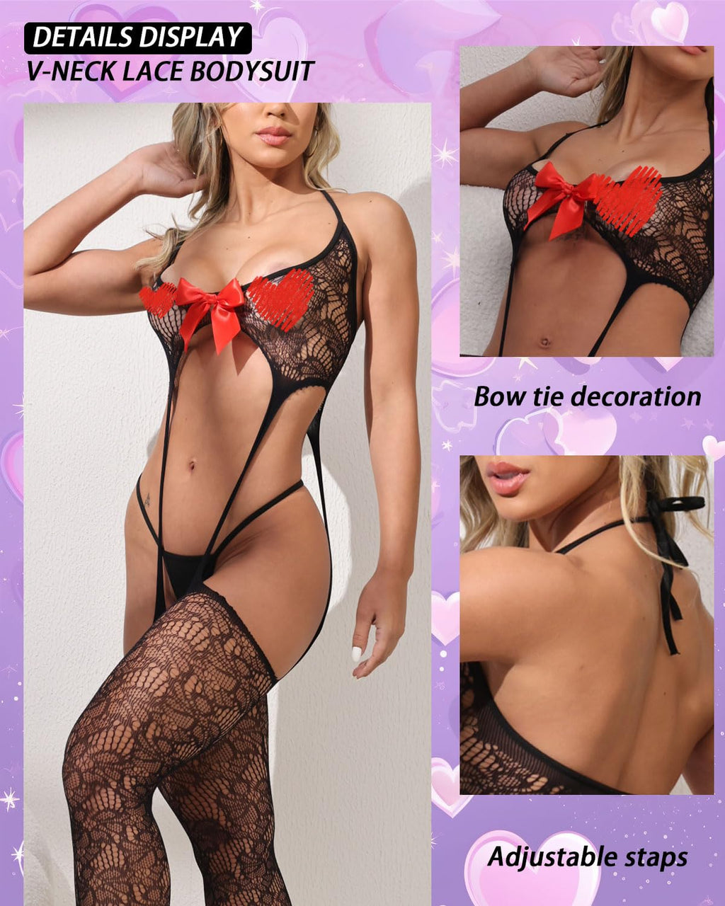 QOXNORC Women's Sexy Lingerie 3 Piece Lingerie Set with Garter Belt Stockings and Panty, Lace Crotchless Teddy Bodysuit