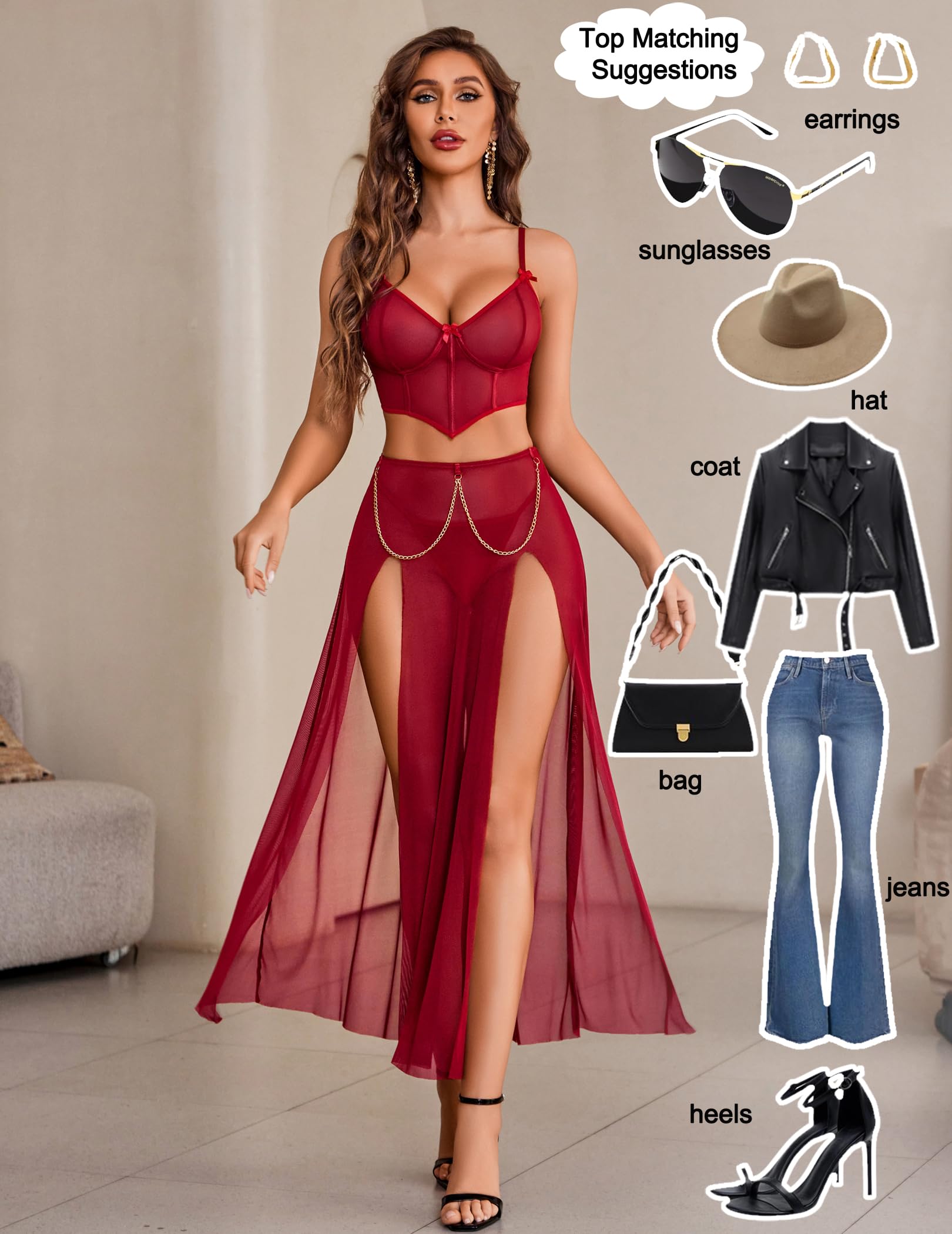 Avidlove Women Lingerie Babydoll Chemise 3 Piece Set Mesh Side Split Nightgown