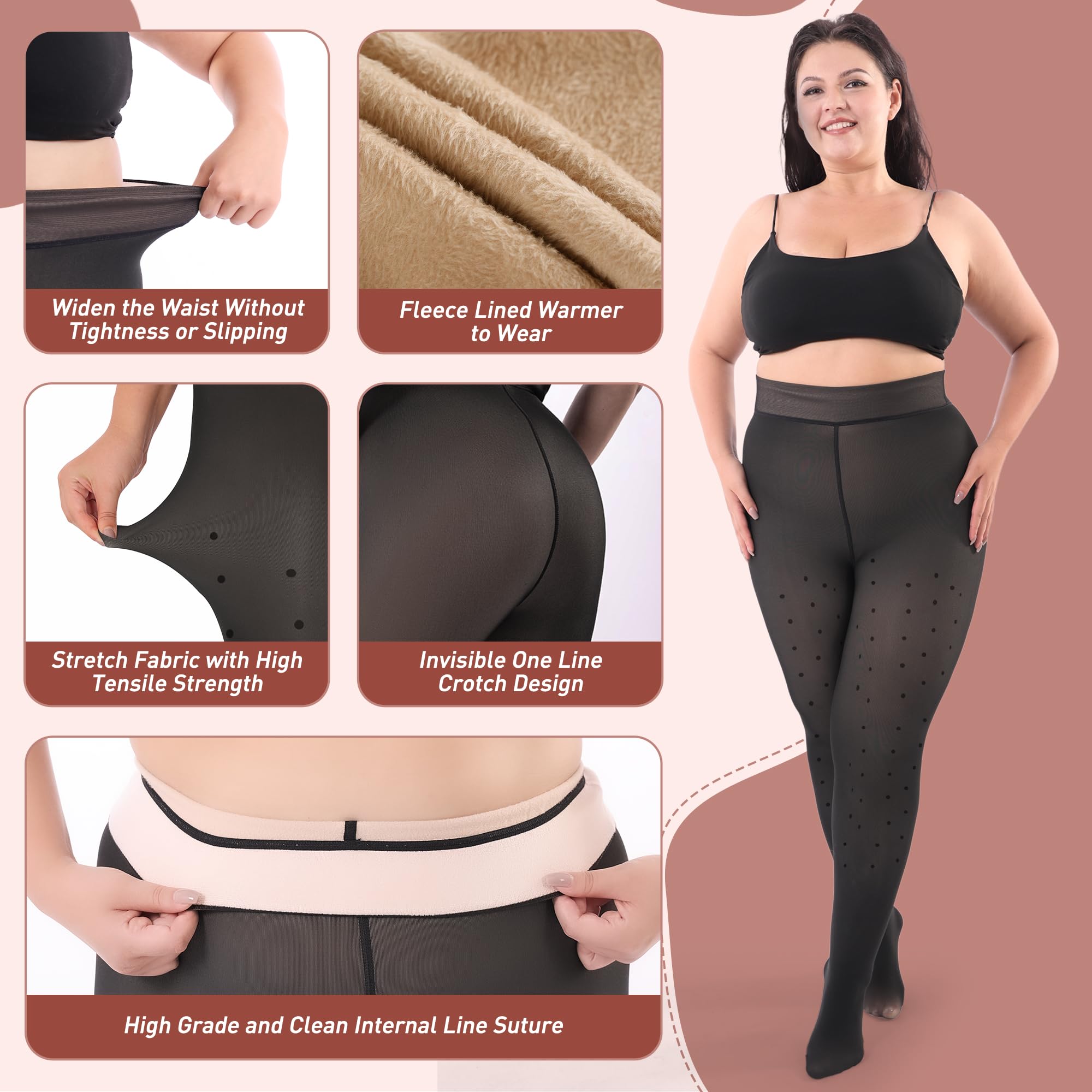 Plus Size Fleece Lined Tights Women, Fake Translucent Winter Thermal Pantyhose, High Waist Warm Thermal Leggings.