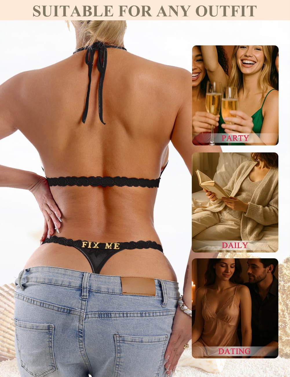 Sexy Underwear for Women Lace Panties Sexy Thong with Funny Rhinestone Letters for Couple Gifts