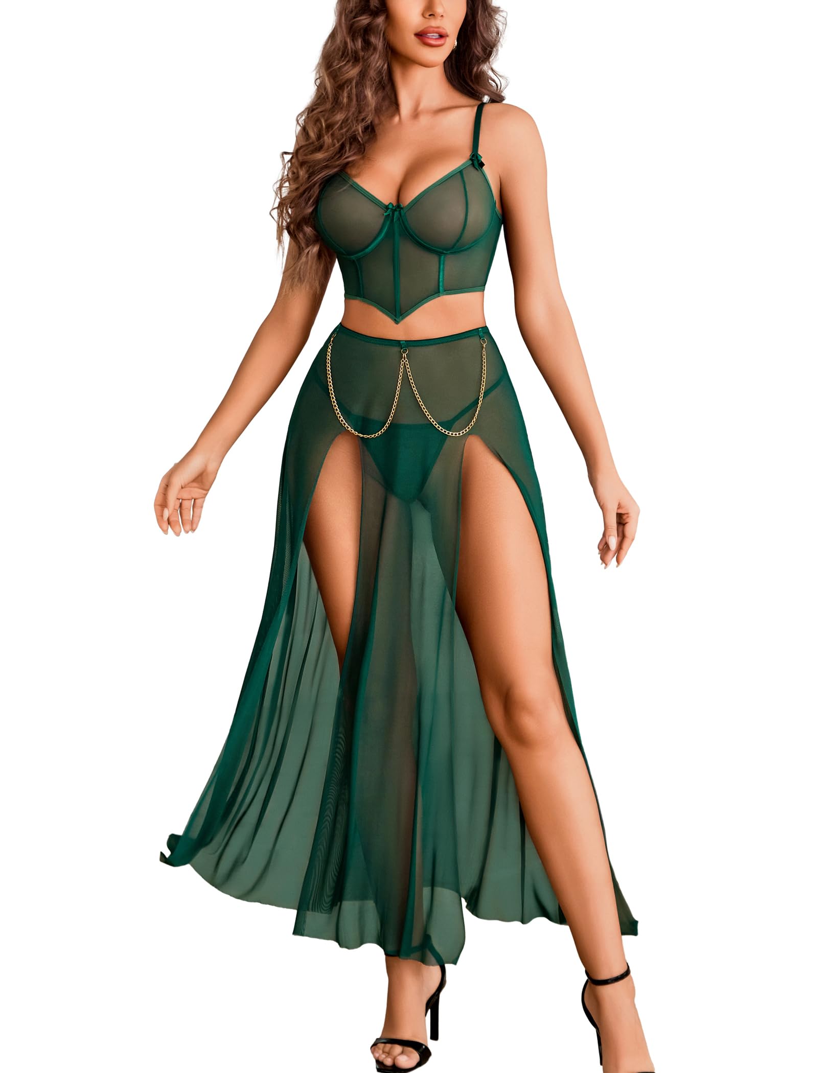 Avidlove Women Lingerie Babydoll Chemise 3 Piece Set Mesh Side Split Nightgown