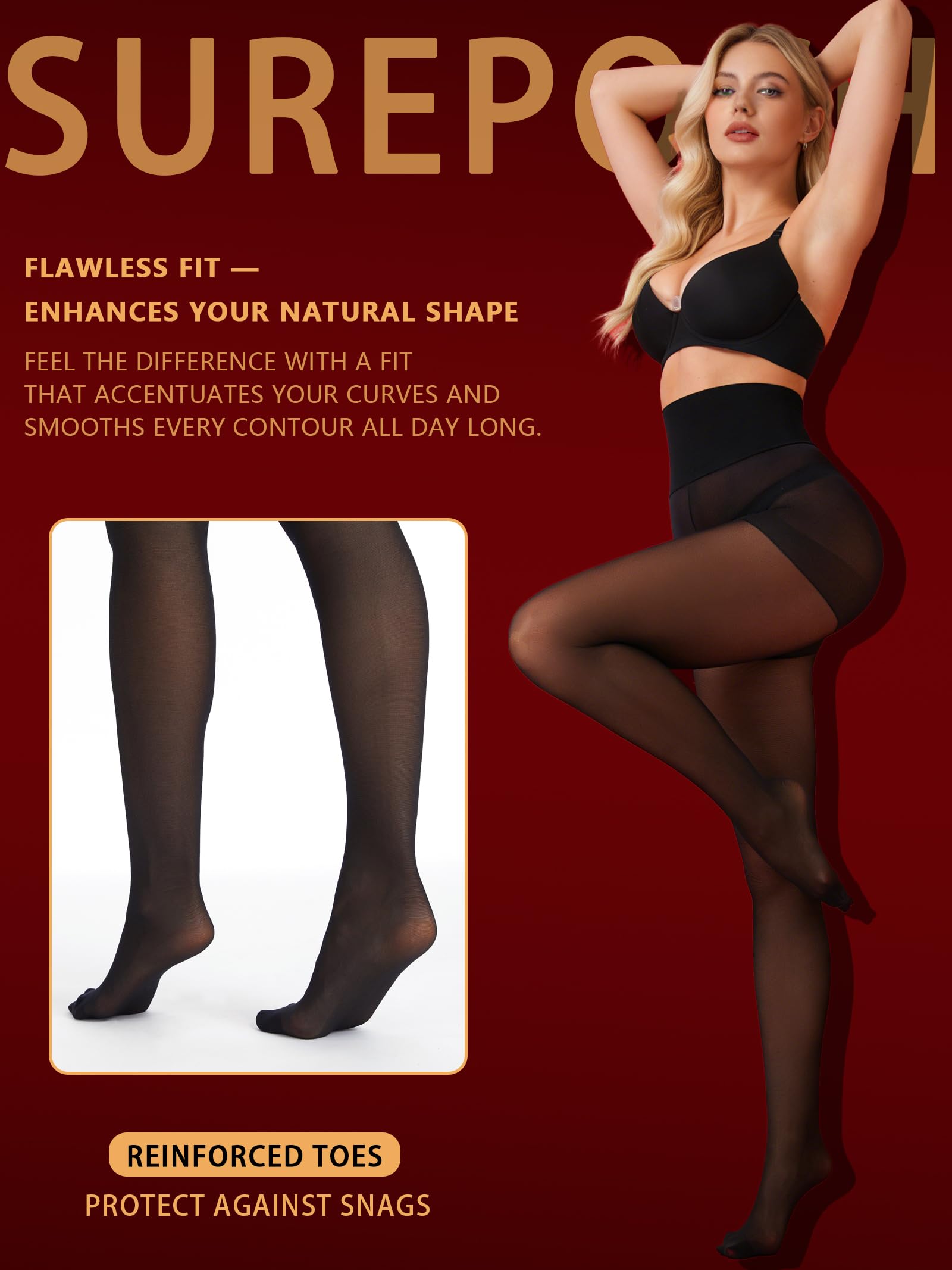 DORALLURE Women 20D Seamless High Waist Black Tights Sheer Control Top Pantyhose with Yoga Waistband Tummy Control Warm Belly