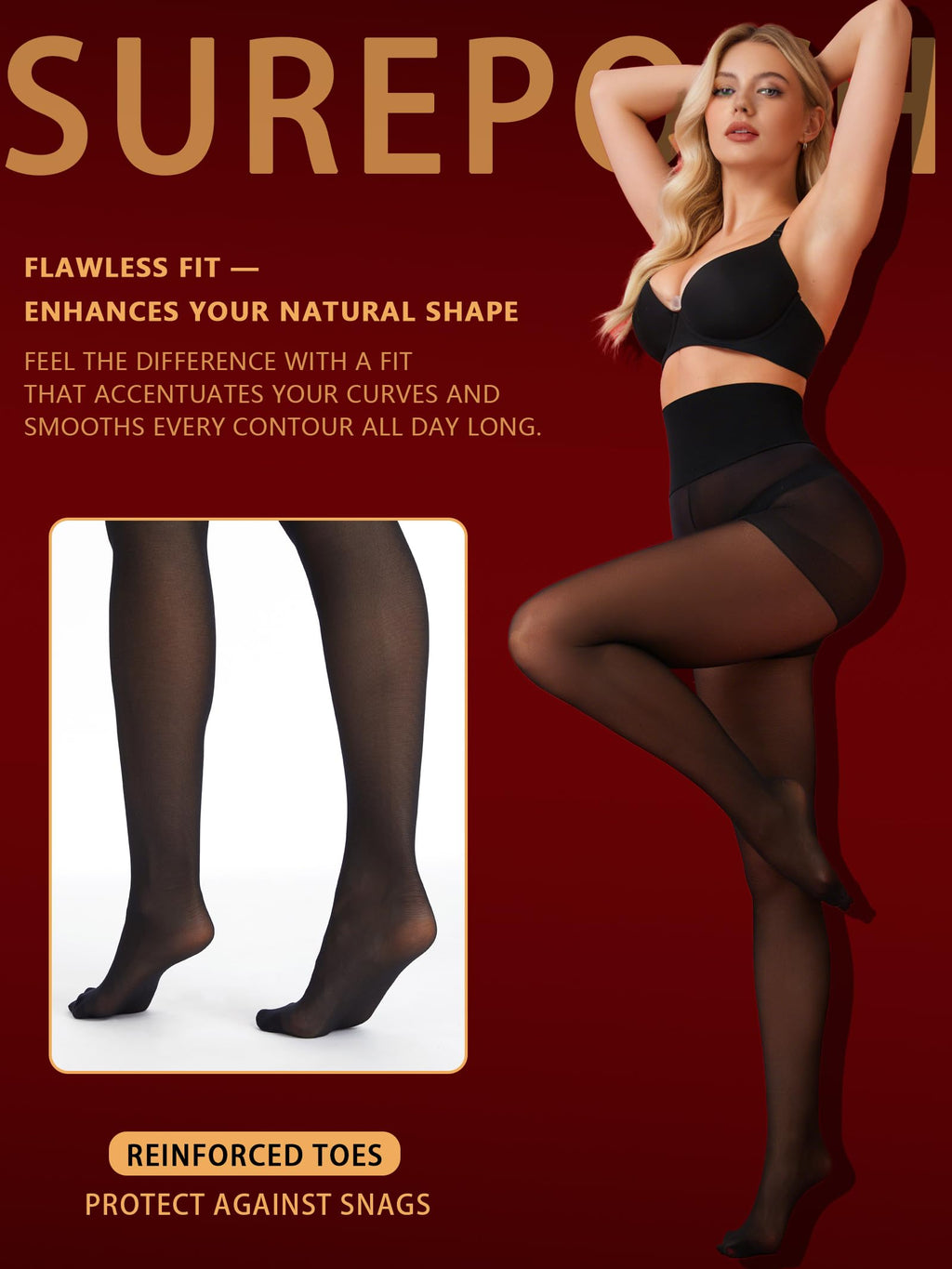 DORALLURE Women 20D Seamless High Waist Black Tights Sheer Control Top Pantyhose with Yoga Waistband Tummy Control Warm Belly