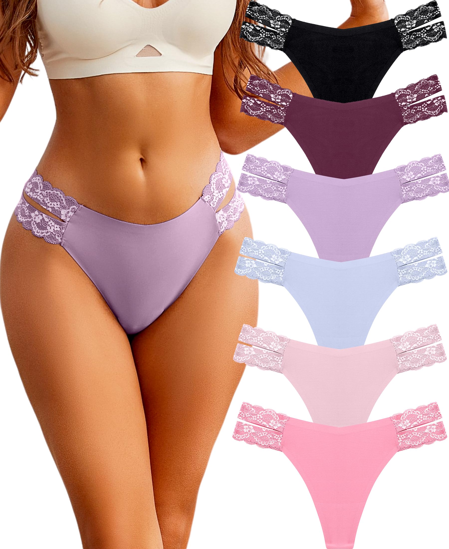 FINETOO Seamless Thongs for Women 6 Pack Sexy V-Wasit Womens Underwear No Show T-back Panties for Women