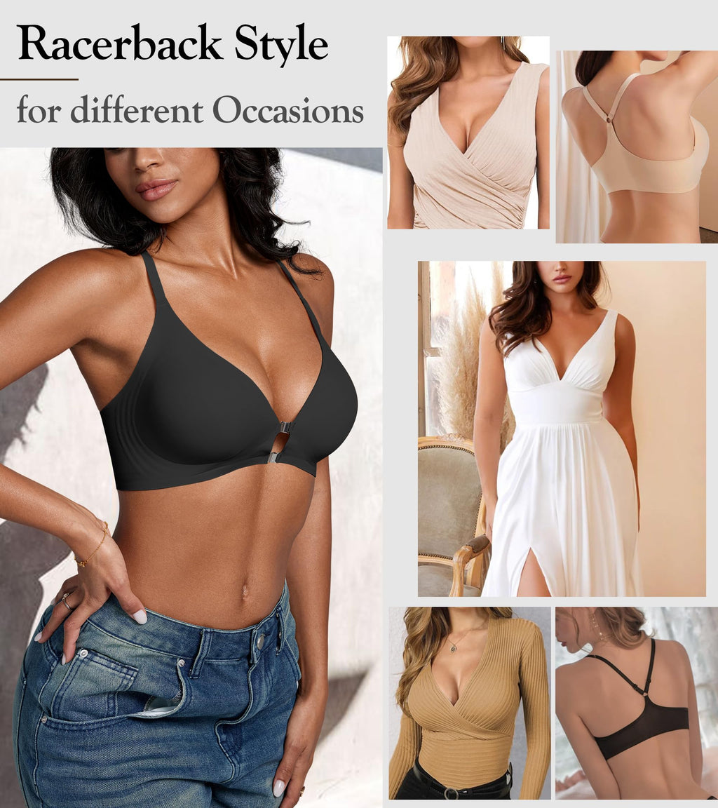 DEANGELMON Front Closure Bras for Women Racerback Bra No Underwire Seamless Push Up T-Shirts Bras Supportive Womens Bralettes