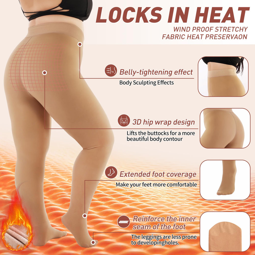 Plus Size Fleece Lined Tights Women, Fake Translucent Winter Thermal Pantyhose, High Waist Warm Thermal Leggings.