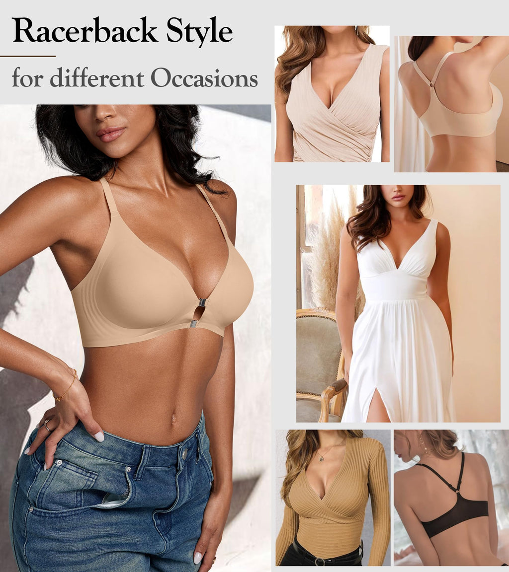 DEANGELMON Front Closure Bras for Women Racerback Bra No Underwire Seamless Push Up T-Shirts Bras Supportive Womens Bralettes