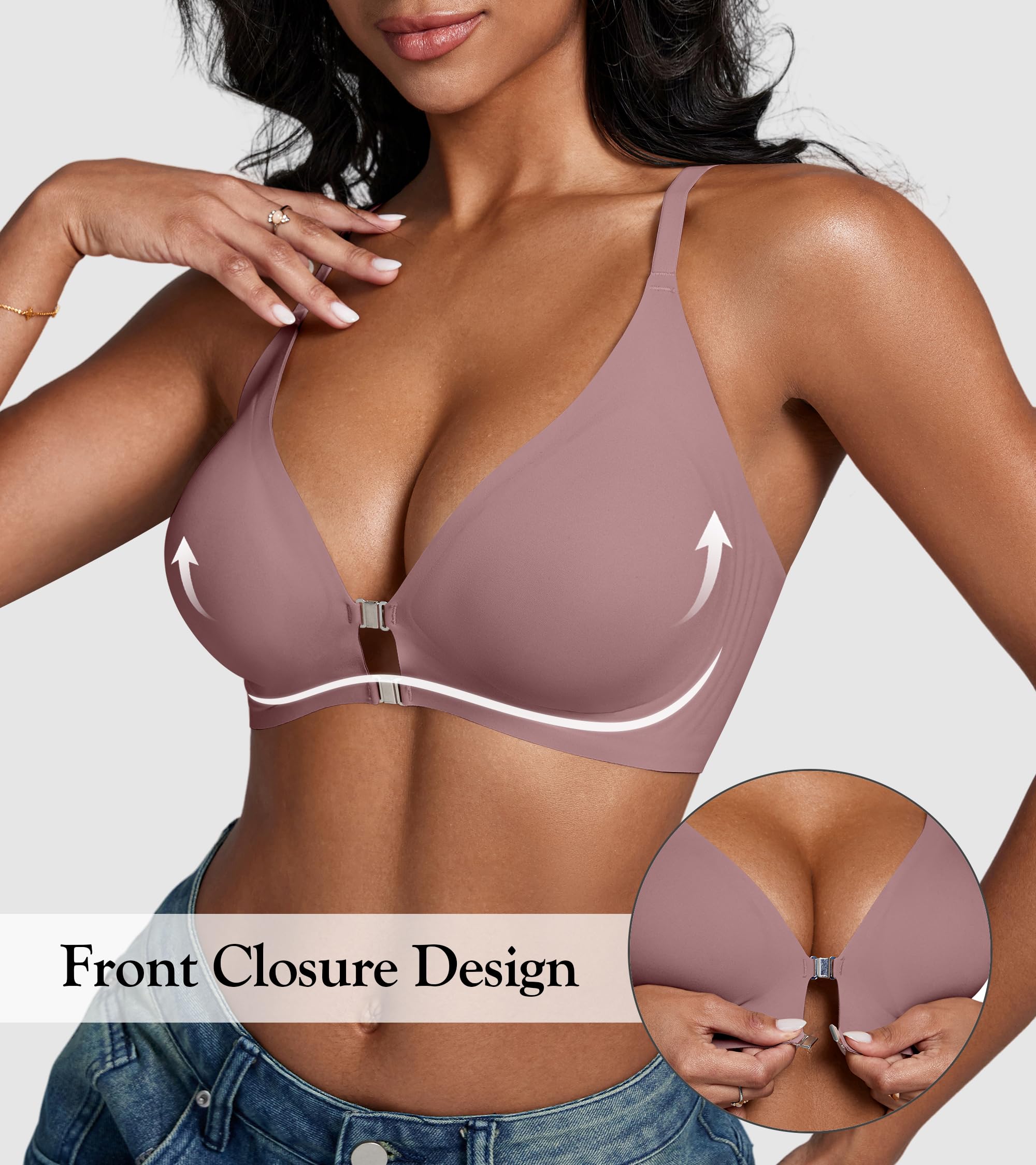 DEANGELMON Front Closure Bras for Women Racerback Bra No Underwire Seamless Push Up T-Shirts Bras Supportive Womens Bralettes
