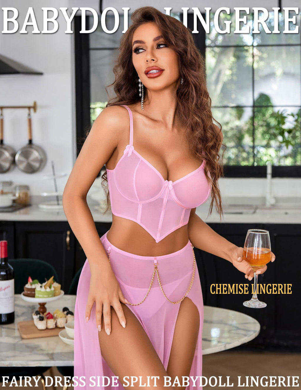 Avidlove Women Lingerie Babydoll Chemise 3 Piece Set Mesh Side Split Nightgown
