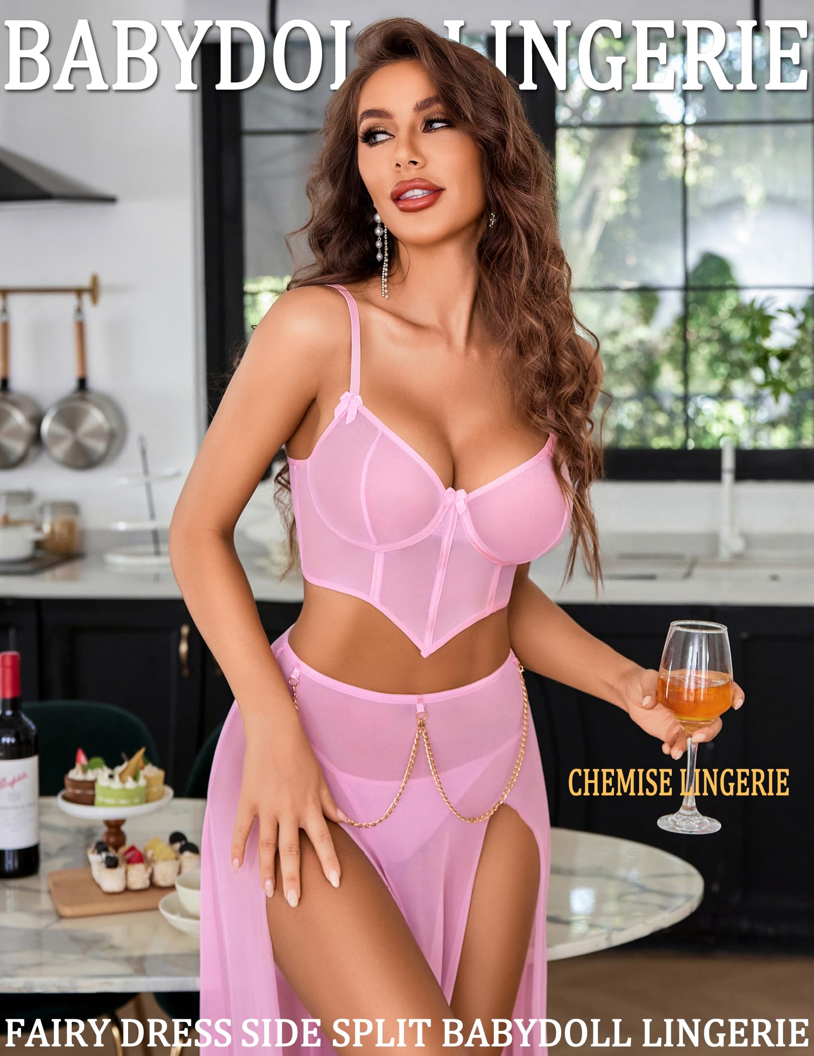 Avidlove Women Lingerie Babydoll Chemise 3 Piece Set Mesh Side Split Nightgown