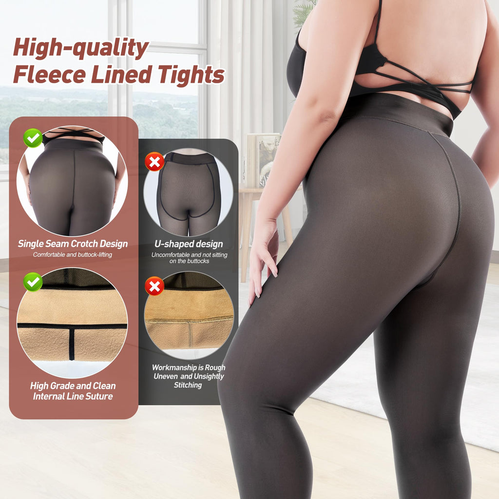 Plus Size Fleece Lined Tights Women, Fake Translucent Winter Thermal Pantyhose, High Waist Warm Thermal Leggings.