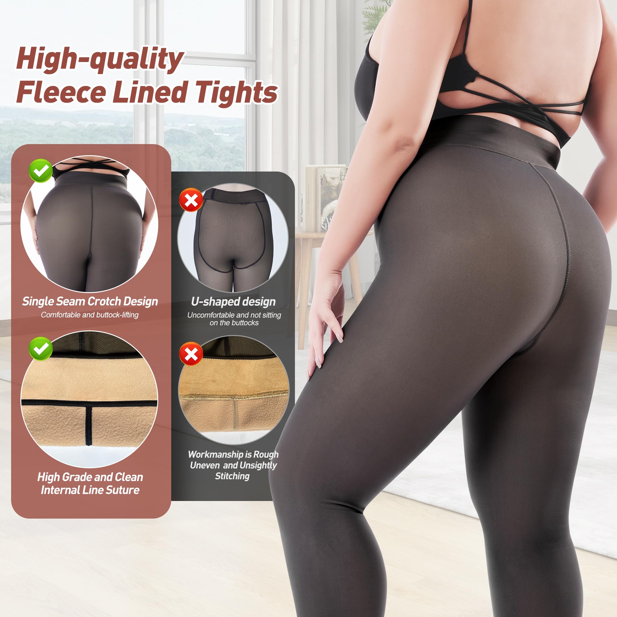 Plus Size Fleece Lined Tights Women, Fake Translucent Winter Thermal Pantyhose, High Waist Warm Thermal Leggings.