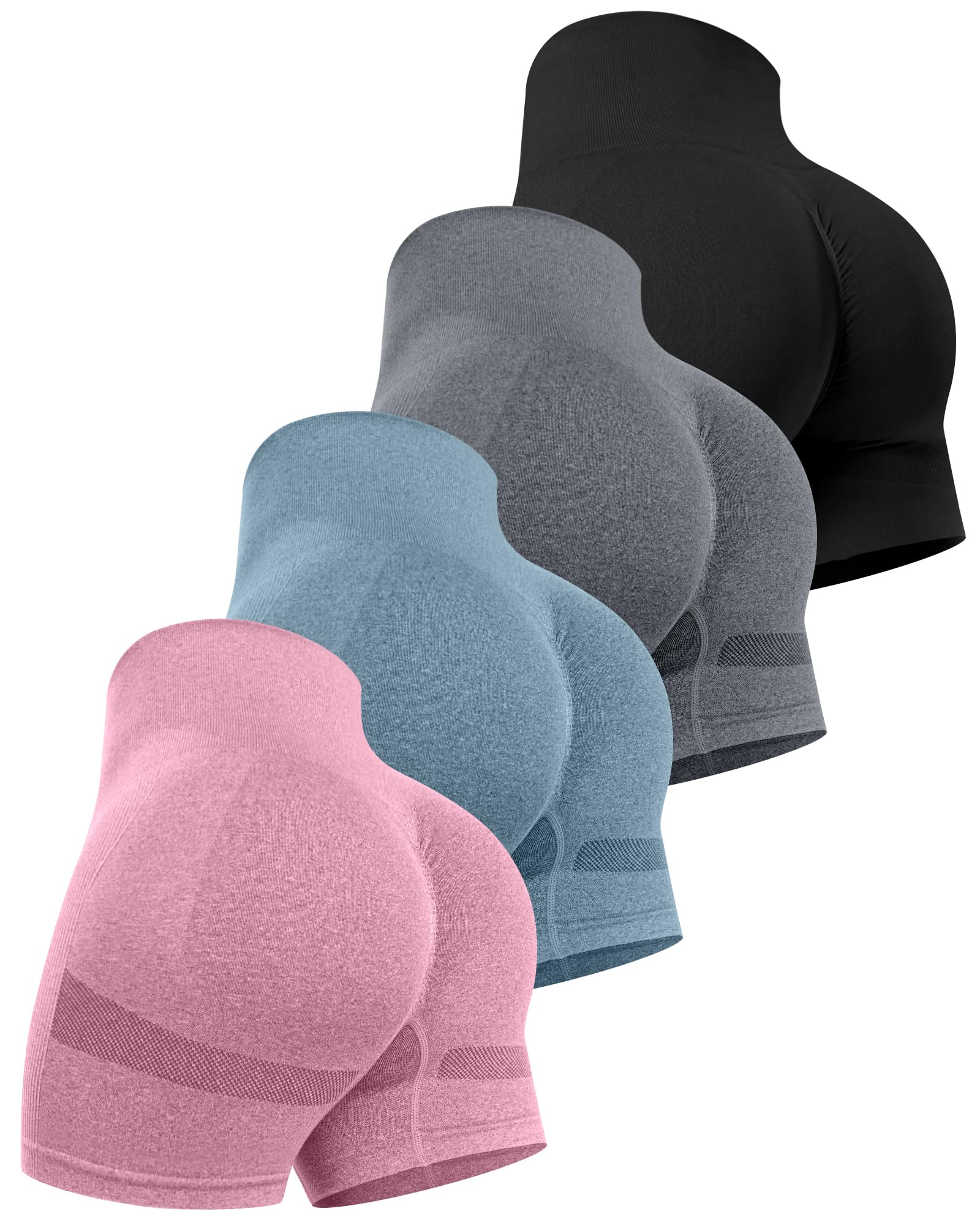 CHRLEISURE Women's 4 Packs Workout Gym Shorts, High Waisted Butt Lifting Scrunch Butt Seamless Booty Shorts