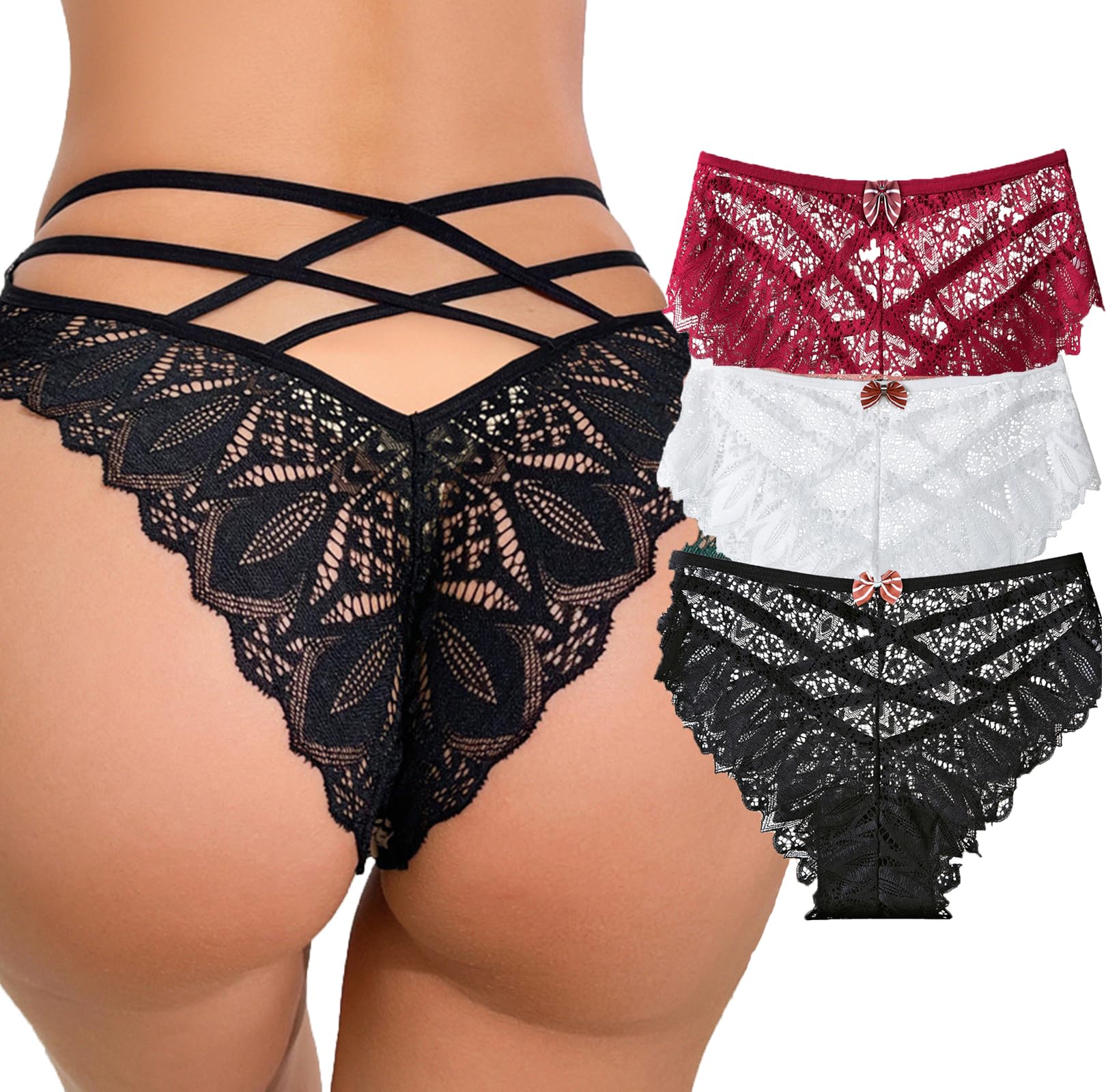 Womens Sexy Thongs Lace Panties Underwear Low Rise Plus Size Underpants Pack of 1-3